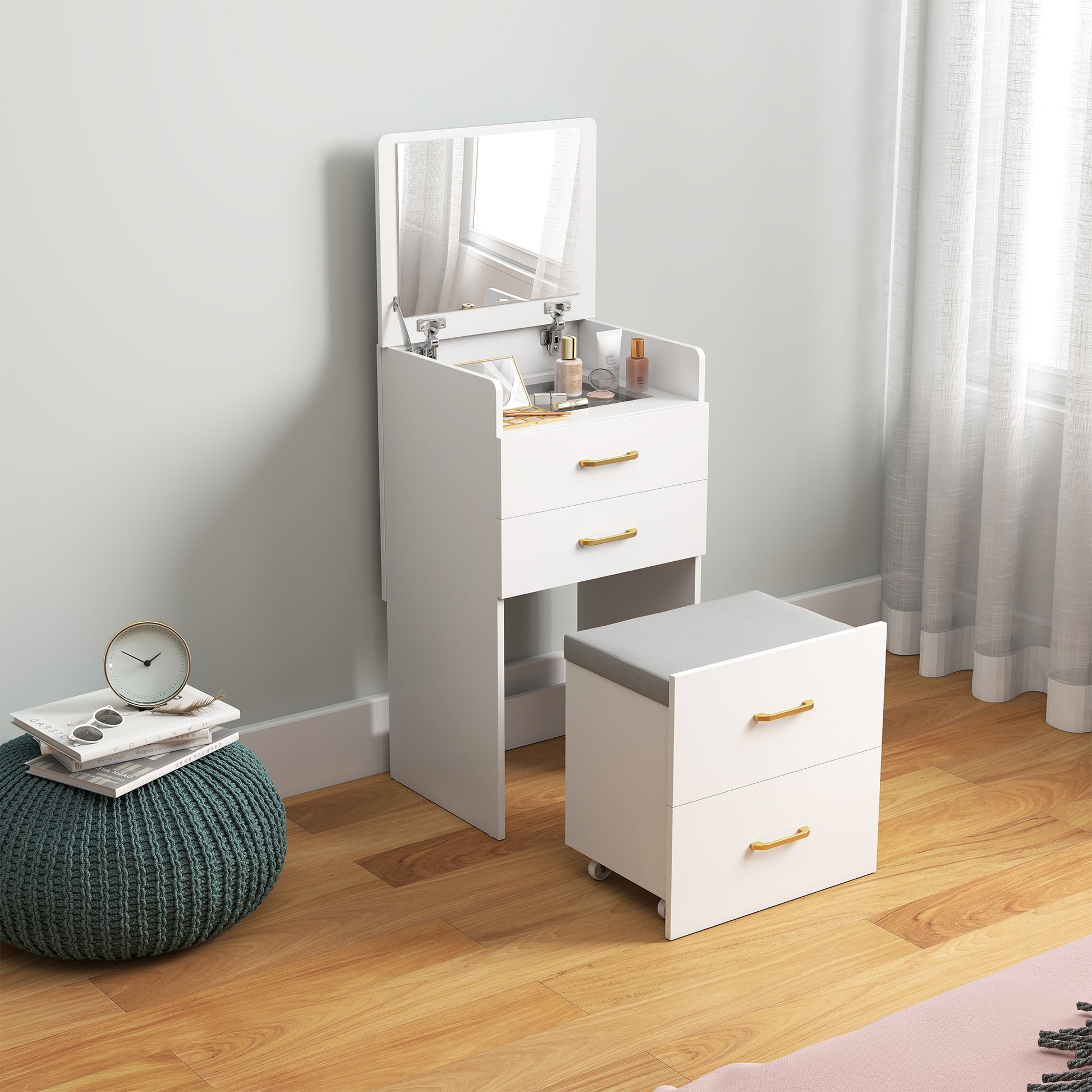 3-in-1 Makeup Dressing Table with Stool Makeup Table with Mirror Drawers and Visible Glass Tabletop Modern Dressing Table for Bedroom 48x40x90 cm White