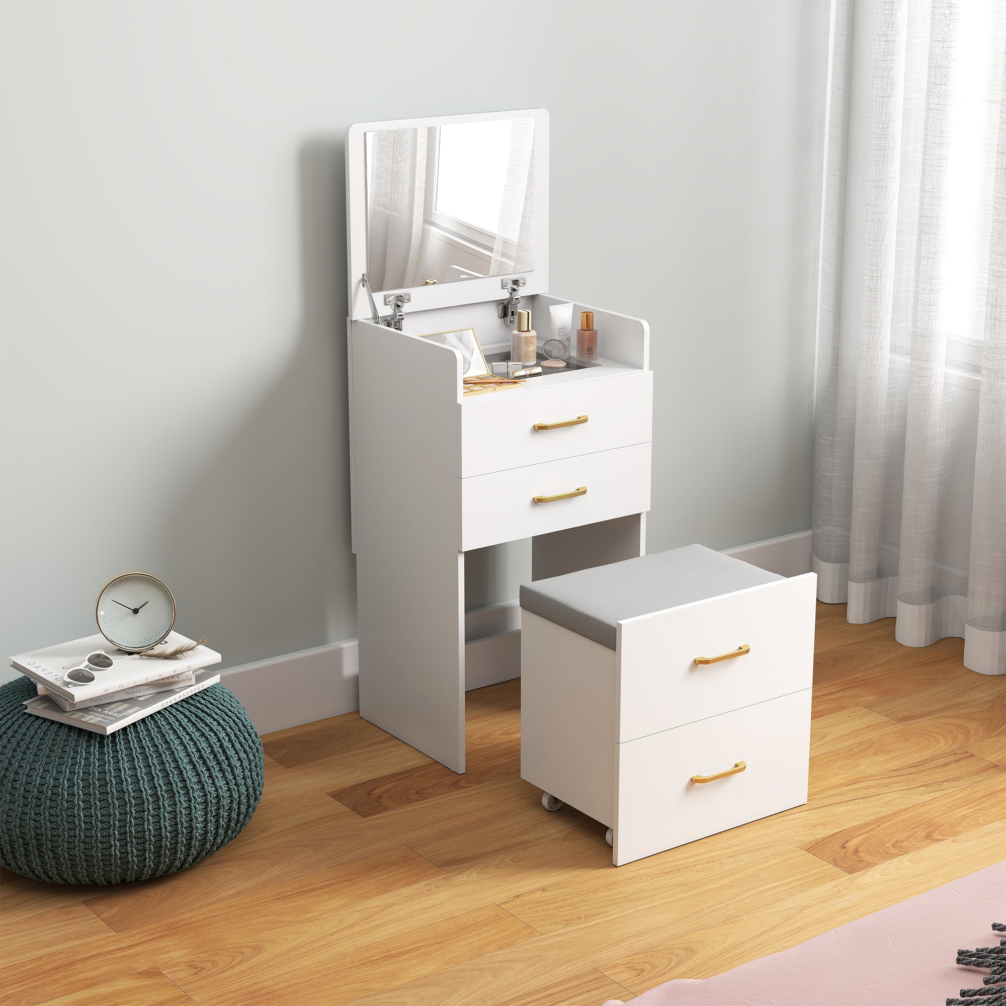 3-in-1 Makeup Dressing Table with Stool Makeup Table with Mirror Drawers and Visible Glass Tabletop Modern Dressing Table for Bedroom 48x40x90 cm White