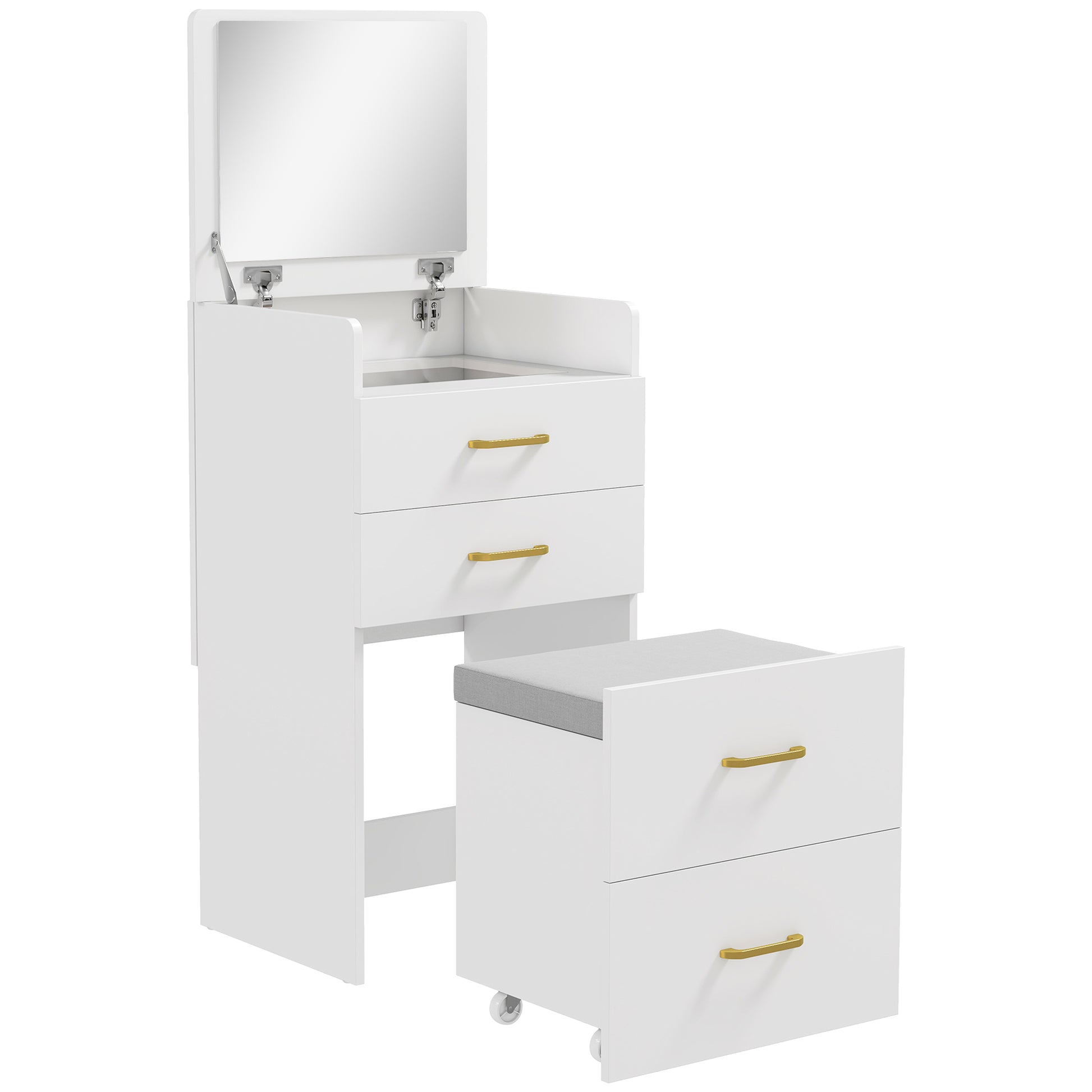 3-in-1 Makeup Dressing Table with Stool Makeup Table with Mirror Drawers and Visible Glass Tabletop Modern Dressing Table for Bedroom 48x40x90 cm White
