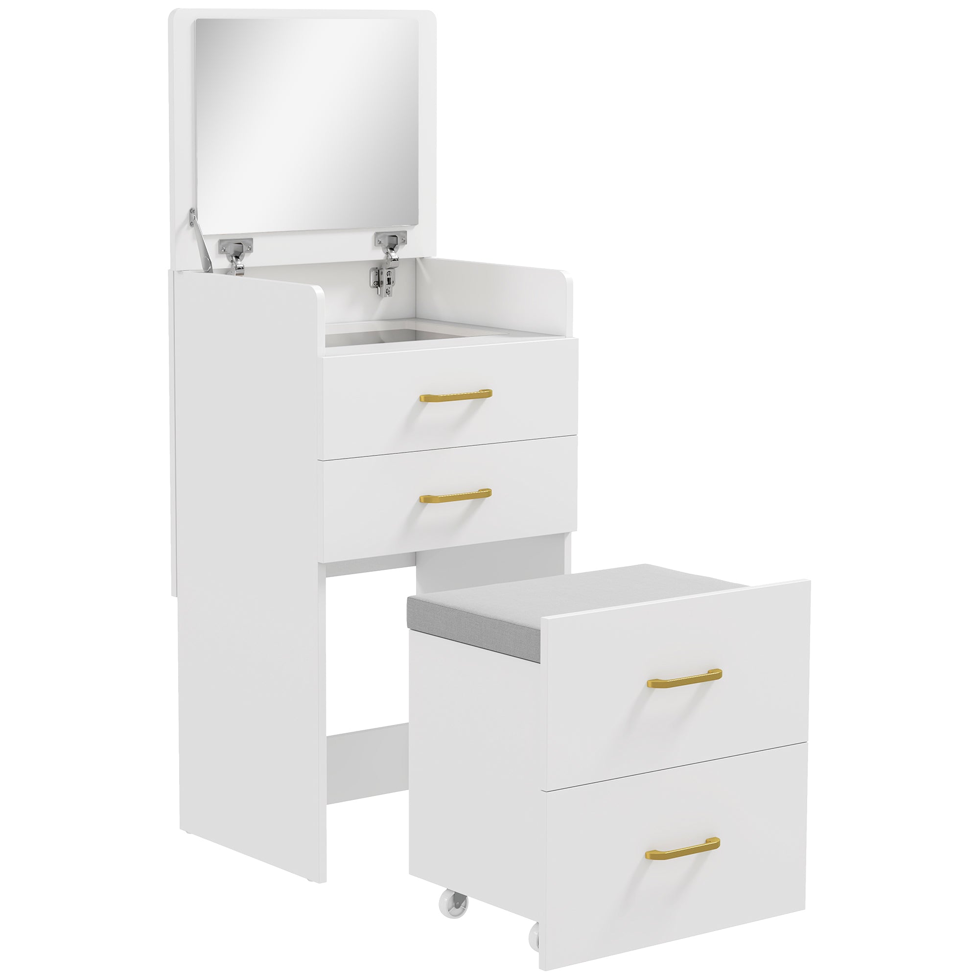 3-in-1 Makeup Dressing Table with Stool Makeup Table with Mirror Drawers and Visible Glass Tabletop Modern Dressing Table for Bedroom 48x40x90 cm White