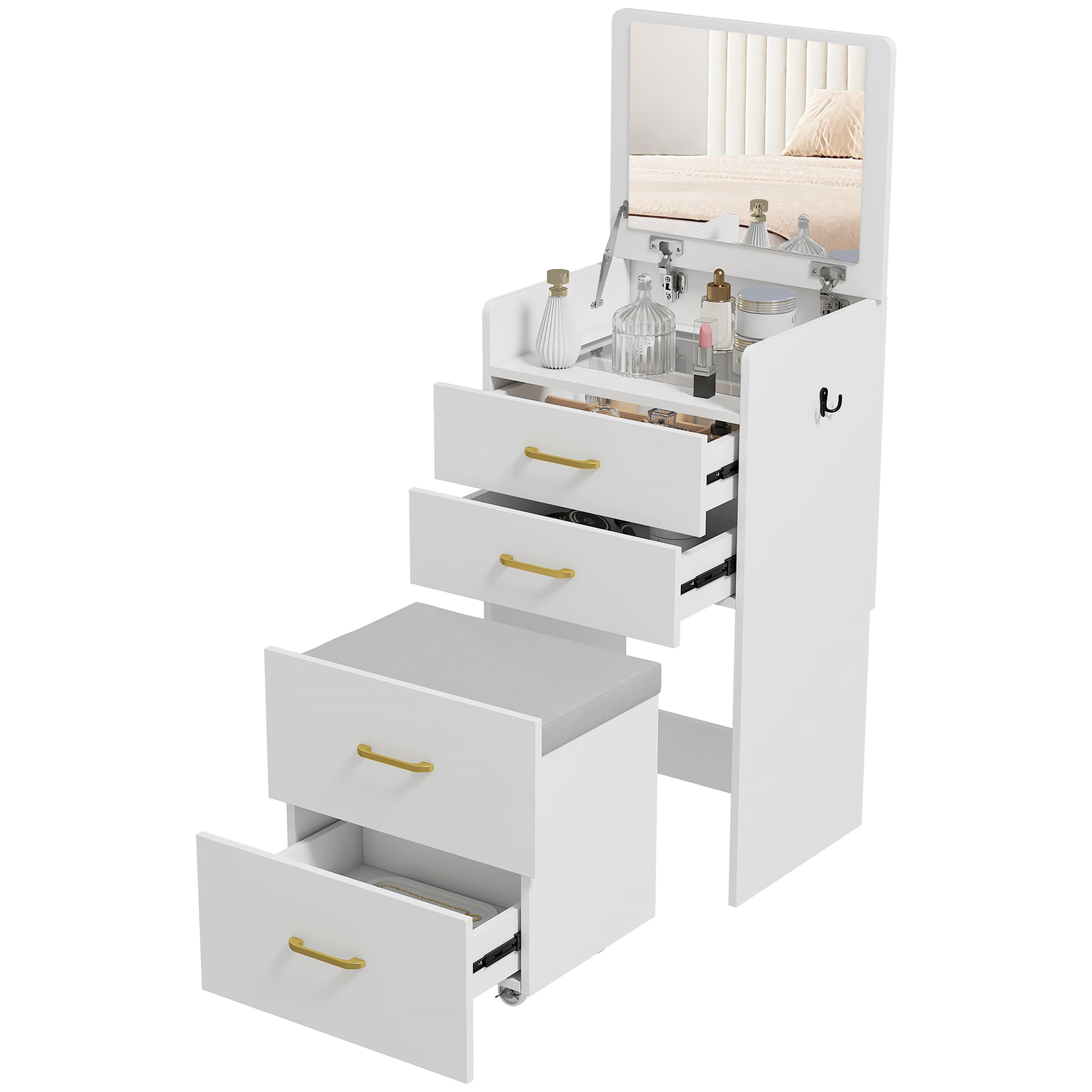 3-in-1 Makeup Dressing Table with Stool Makeup Table with Mirror Drawers and Visible Glass Tabletop Modern Dressing Table for Bedroom 48x40x90 cm White