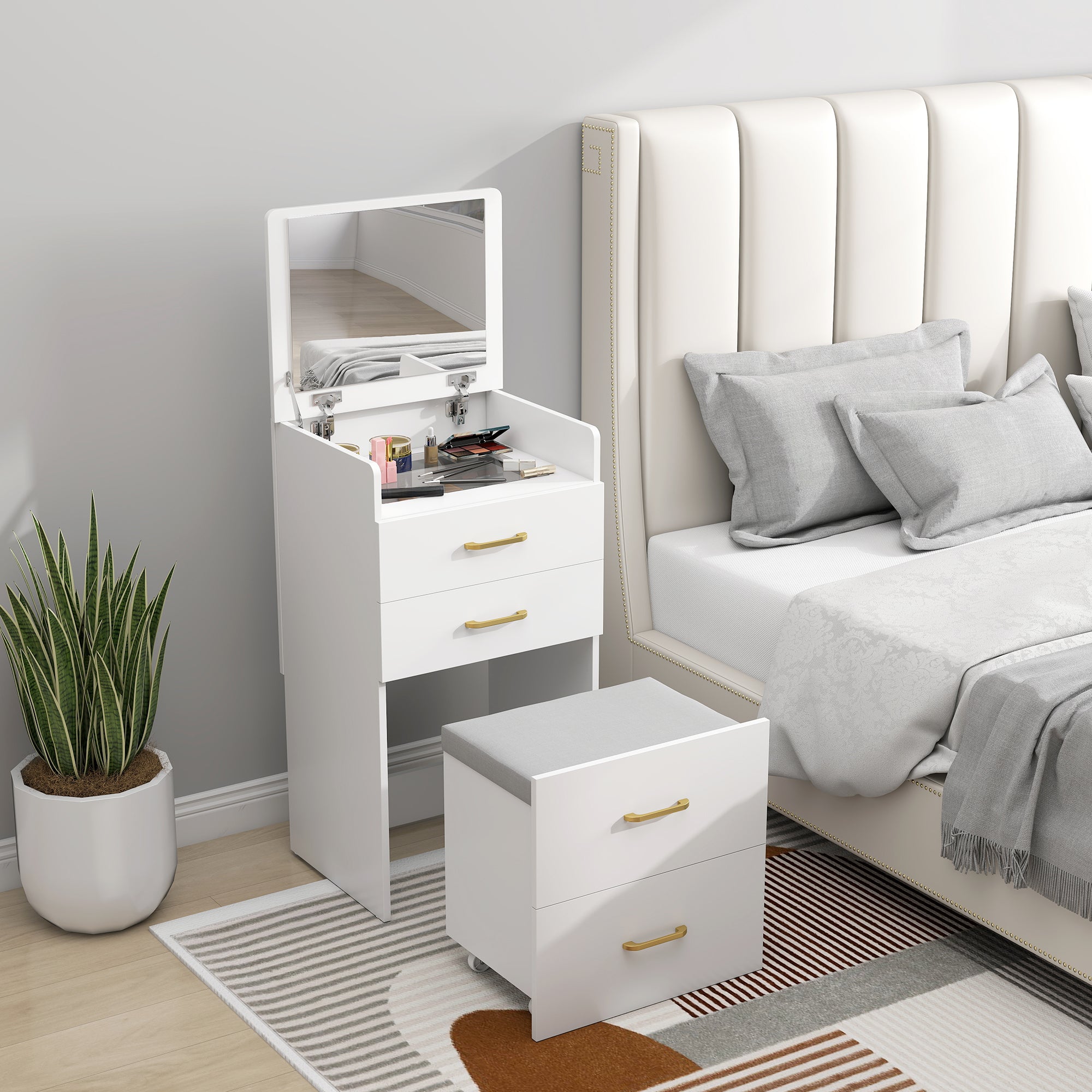 3-in-1 Makeup Dressing Table with Stool Makeup Table with Mirror Drawers and Visible Glass Tabletop Modern Dressing Table for Bedroom 48x40x90 cm White