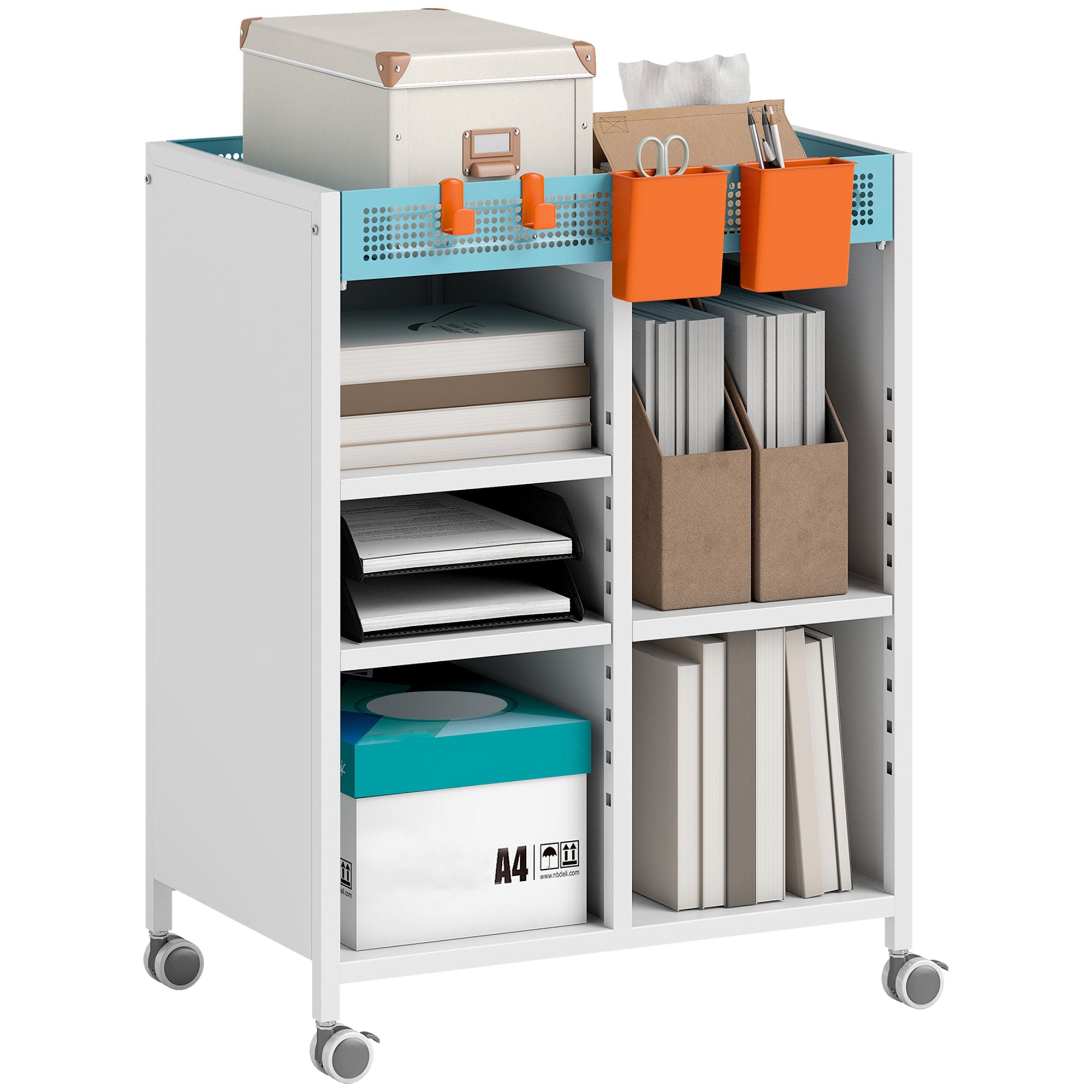 4-Tier Rolling Bookshelf Cart with Adjustable Shelves, Hanging Baskets & Hooks — White