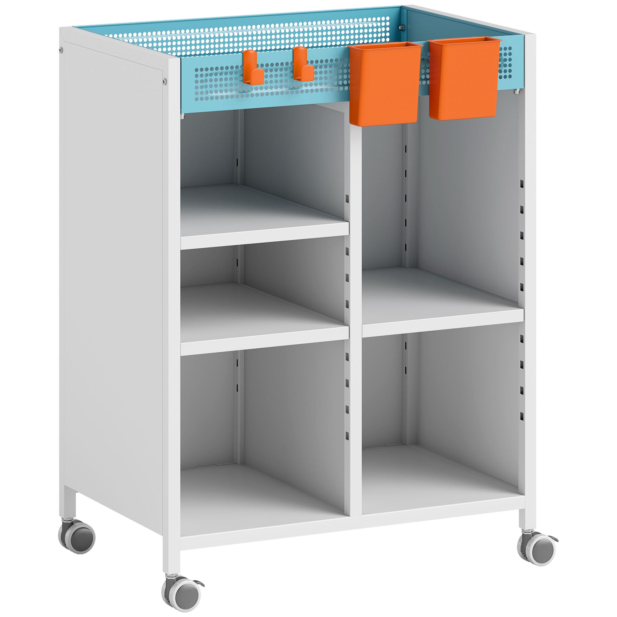 4-Tier Rolling Bookshelf Cart with Adjustable Shelves, Hanging Baskets & Hooks — White