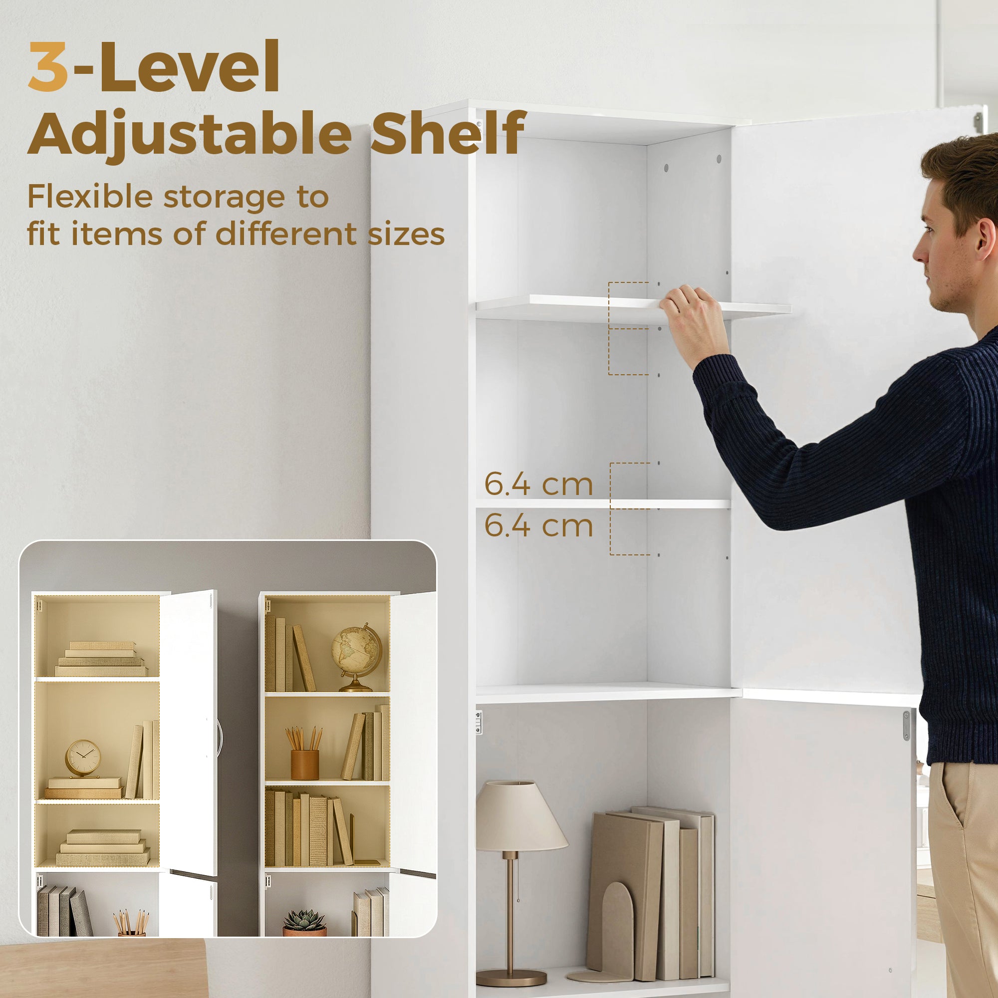 5-Tier Bookcase with 2 Doors, Adjustable Shelves | Modern Standing Shelf 40 x 35 x 180 cm (15.7 x 13.8 x 70.9 in), White