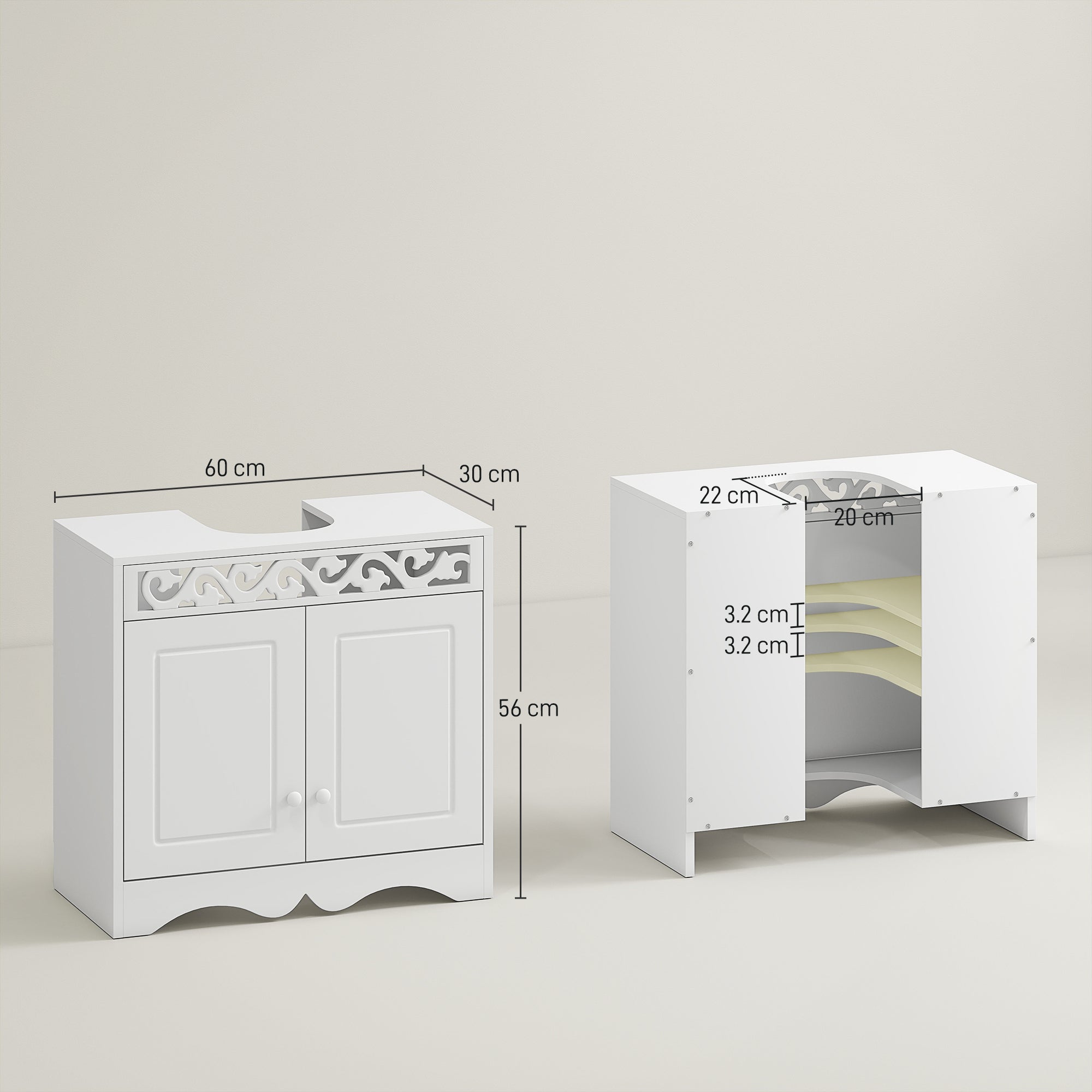 Bathroom Cabinet with 2 Doors and Shelves 60x30x56cm Modern White Wood Design