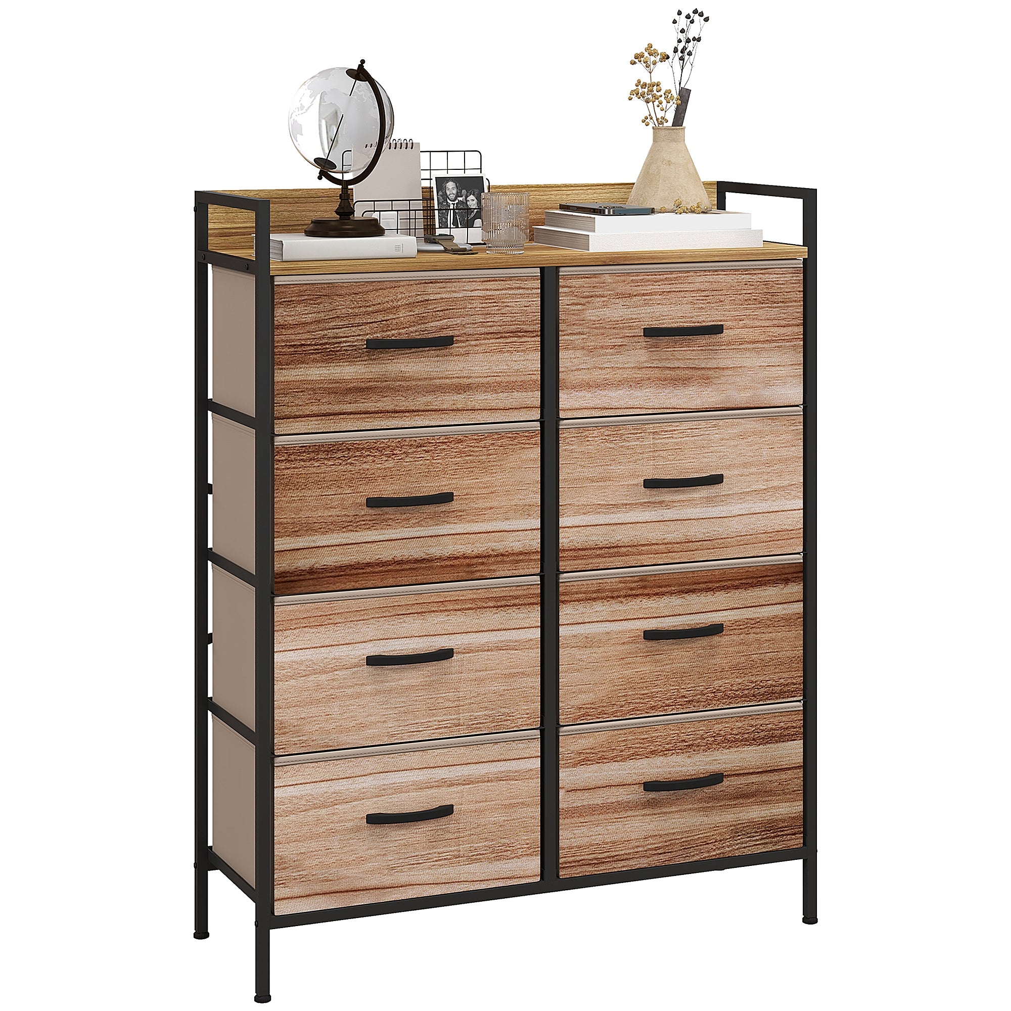 Storage Cabinet Dresser 8 Removable Fabric Drawers, Upper Shelf and Steel Frame 79L x 29W x 101H cm Natural and Black
