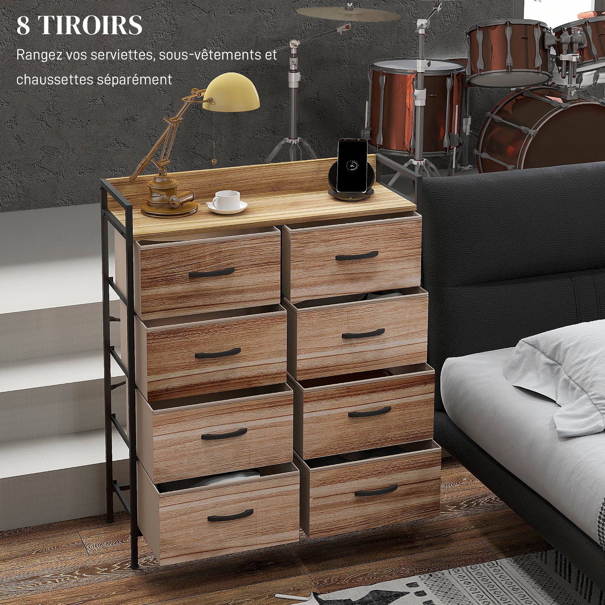 Storage Cabinet Dresser 8 Removable Fabric Drawers, Upper Shelf and Steel Frame 79L x 29W x 101H cm Natural and Black