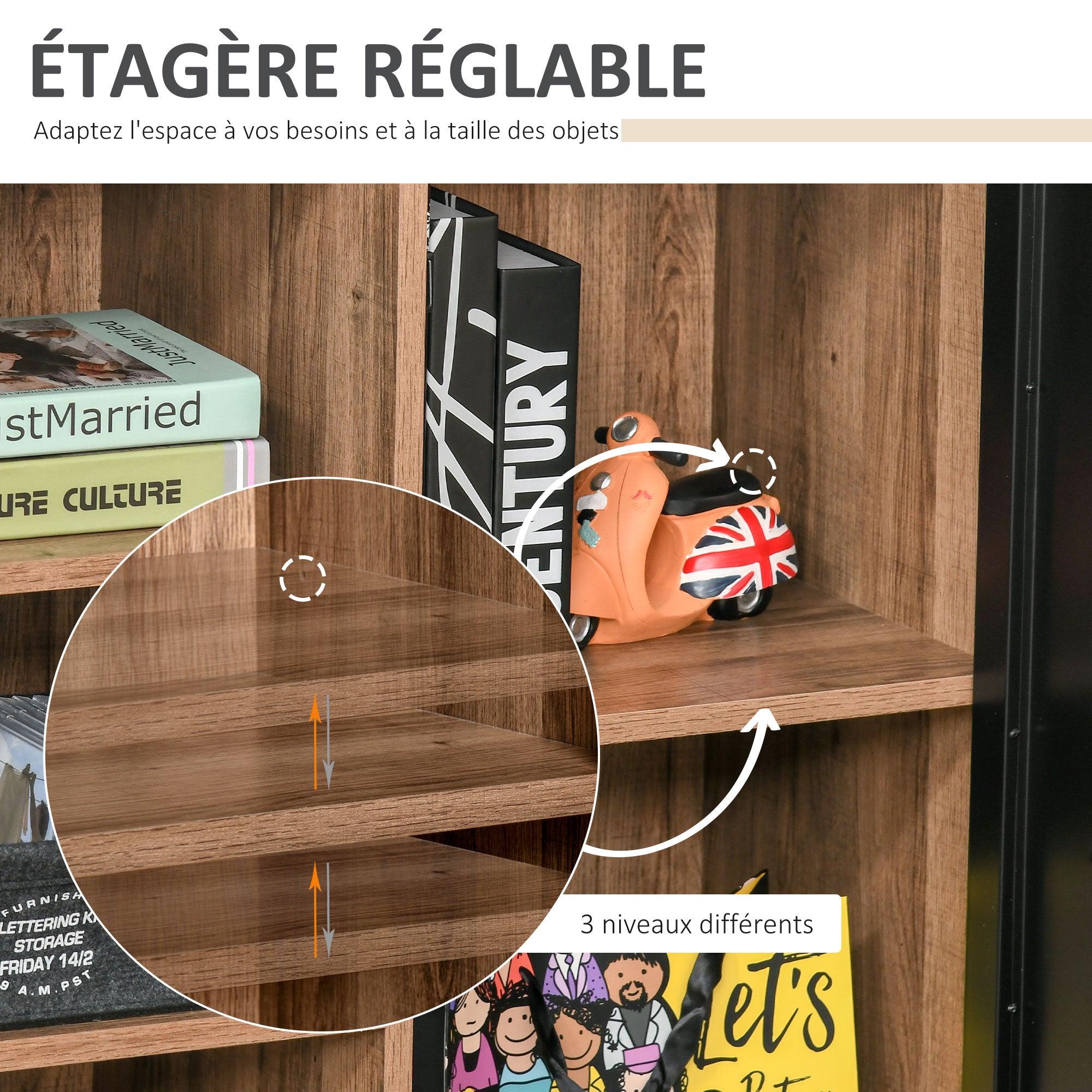 Industrial Sideboard - Storage Unit on legs with 3 niches Cupboard - in Wood and Black Metal Door