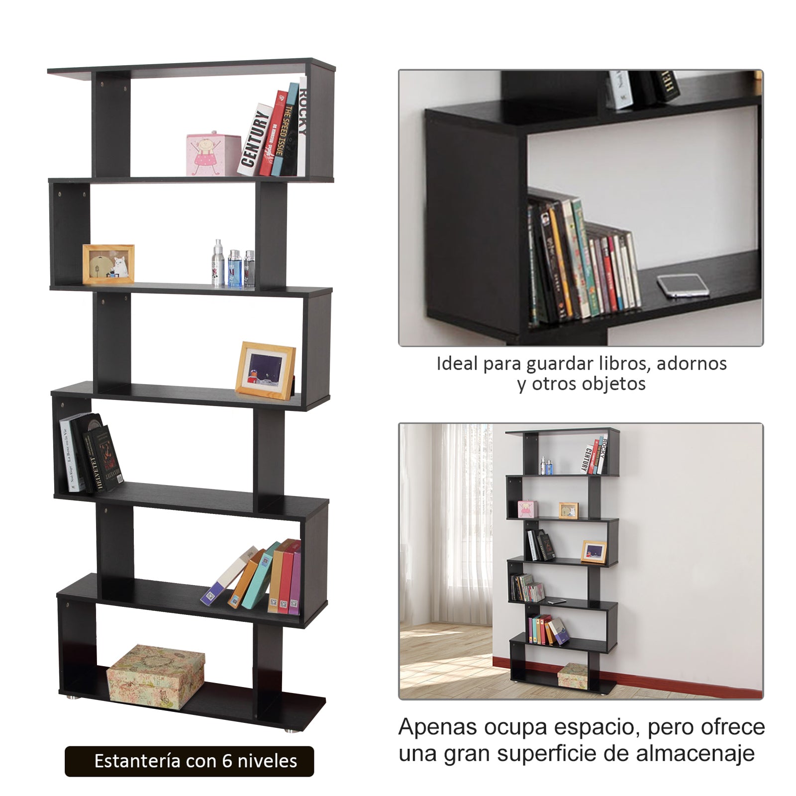 Bookshelf 6 Shelves S Shape Wood 80x24x191 cm Shelves Black