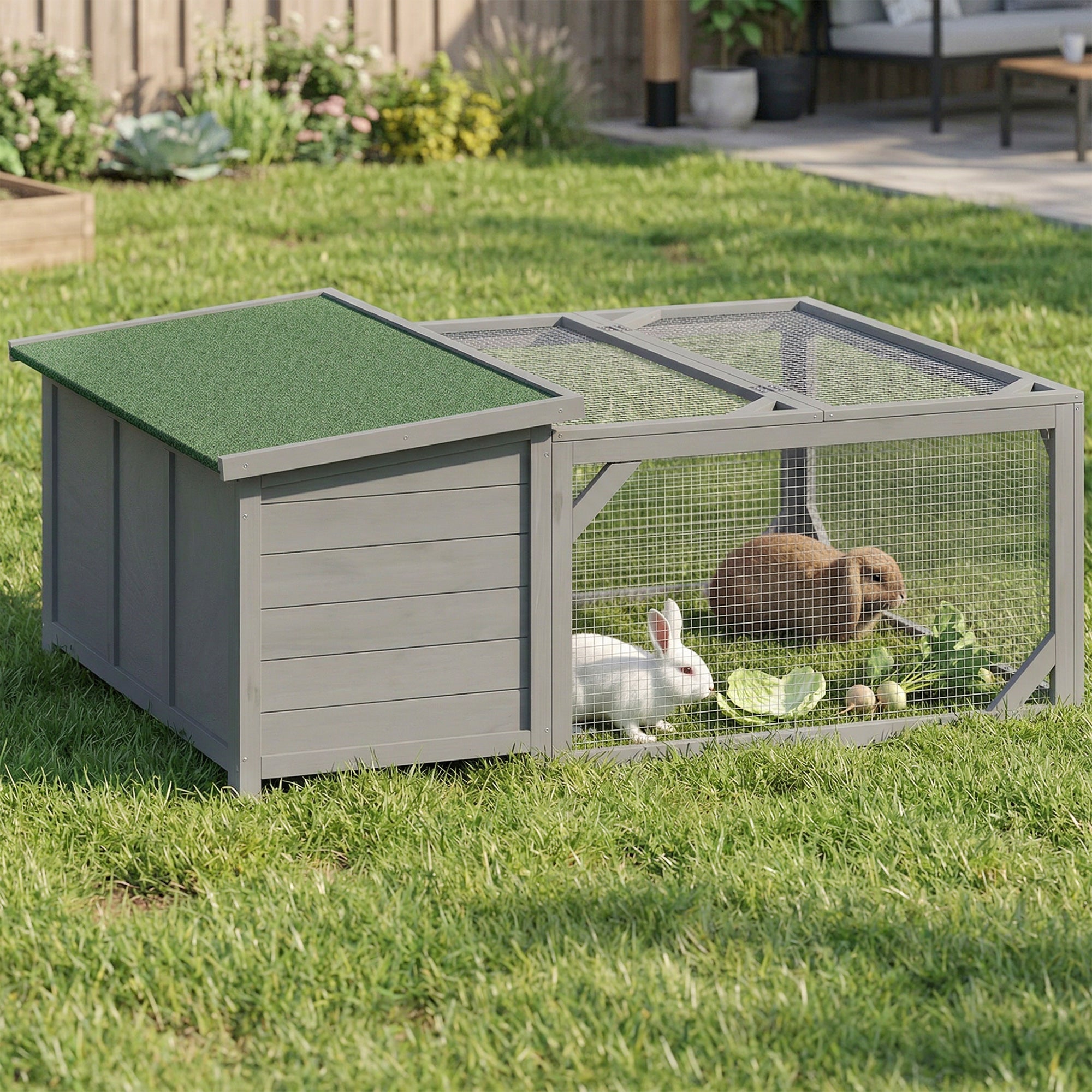 Wooden Rabbit Hutch with Run, 125.5 x 100 x 49 cm – Lift-Top Asphalt Roof, Doors, Outdoor Hutch for Rabbits & Guinea Pigs, Gray