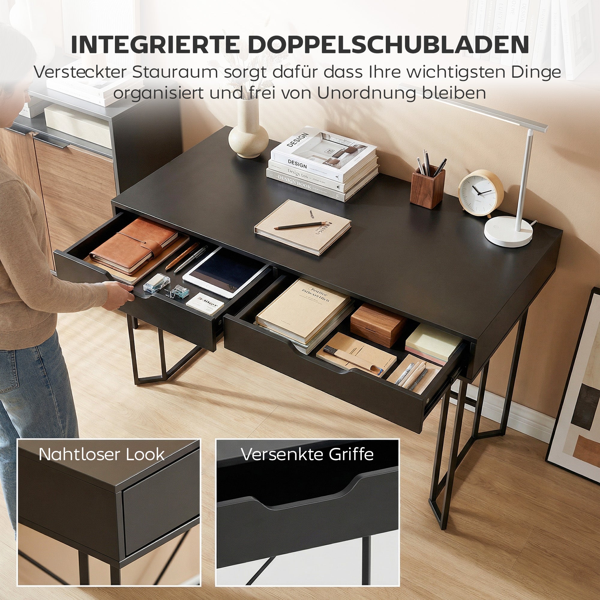 Computer Desk with 2 Drawers, Modern Design Metal Frame for Home Office & Bedroom — 47.2 x 23.6 x 30.3 in, Black