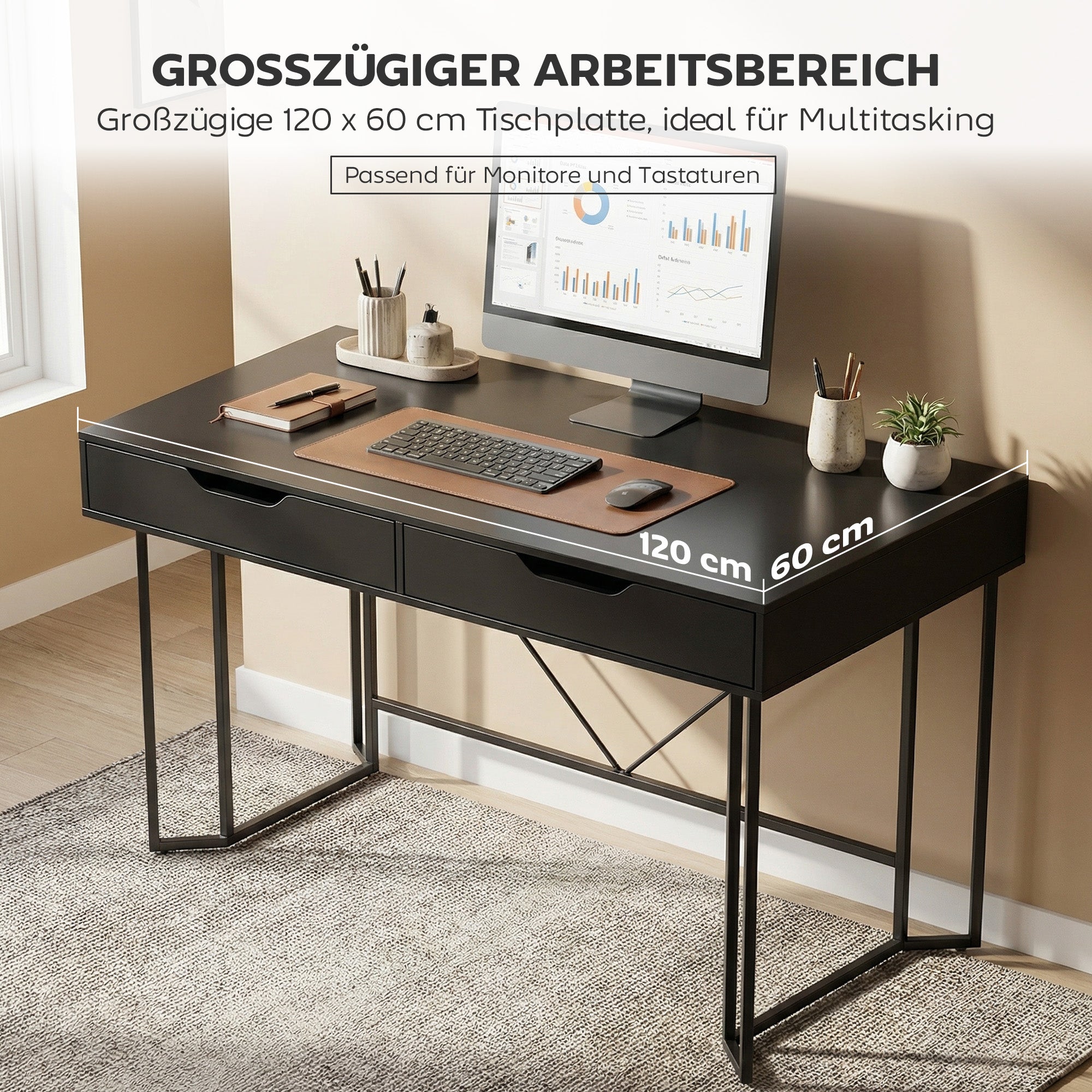 Computer Desk with 2 Drawers, Modern Design Metal Frame for Home Office & Bedroom — 47.2 x 23.6 x 30.3 in, Black