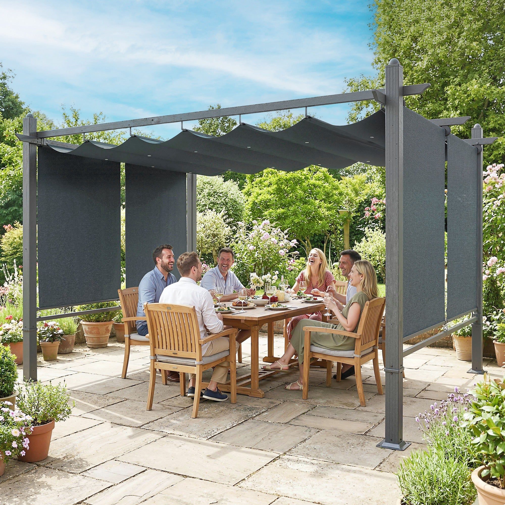13' x 10' (4 x 3 m) Retractable Garden Pergola with 4 Automatic Roll-Up Curtains, UV50+ Canopy, Aluminum Frame, Integrated Drainage — Dark Gray