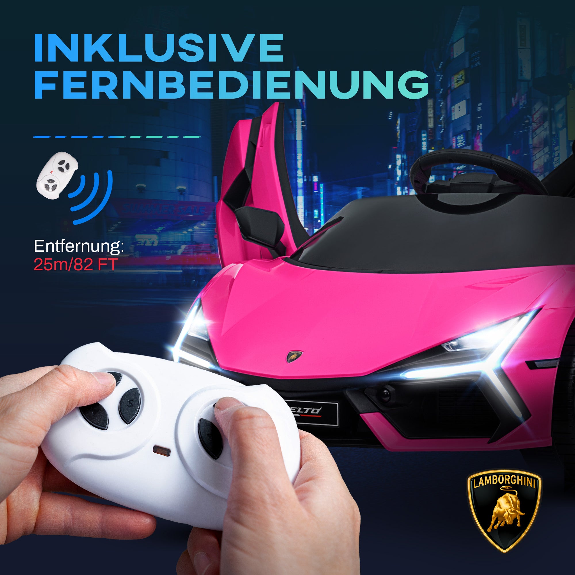 Children's Electric Car 12V Kid's Car with 2.4G Remote Control, Electric Vehicle with LED Light, USB/MP3 Connection, Scissor Doors, Sprung Wheels, 3-5 km/h, for Children 3-5 Years Old, Pink