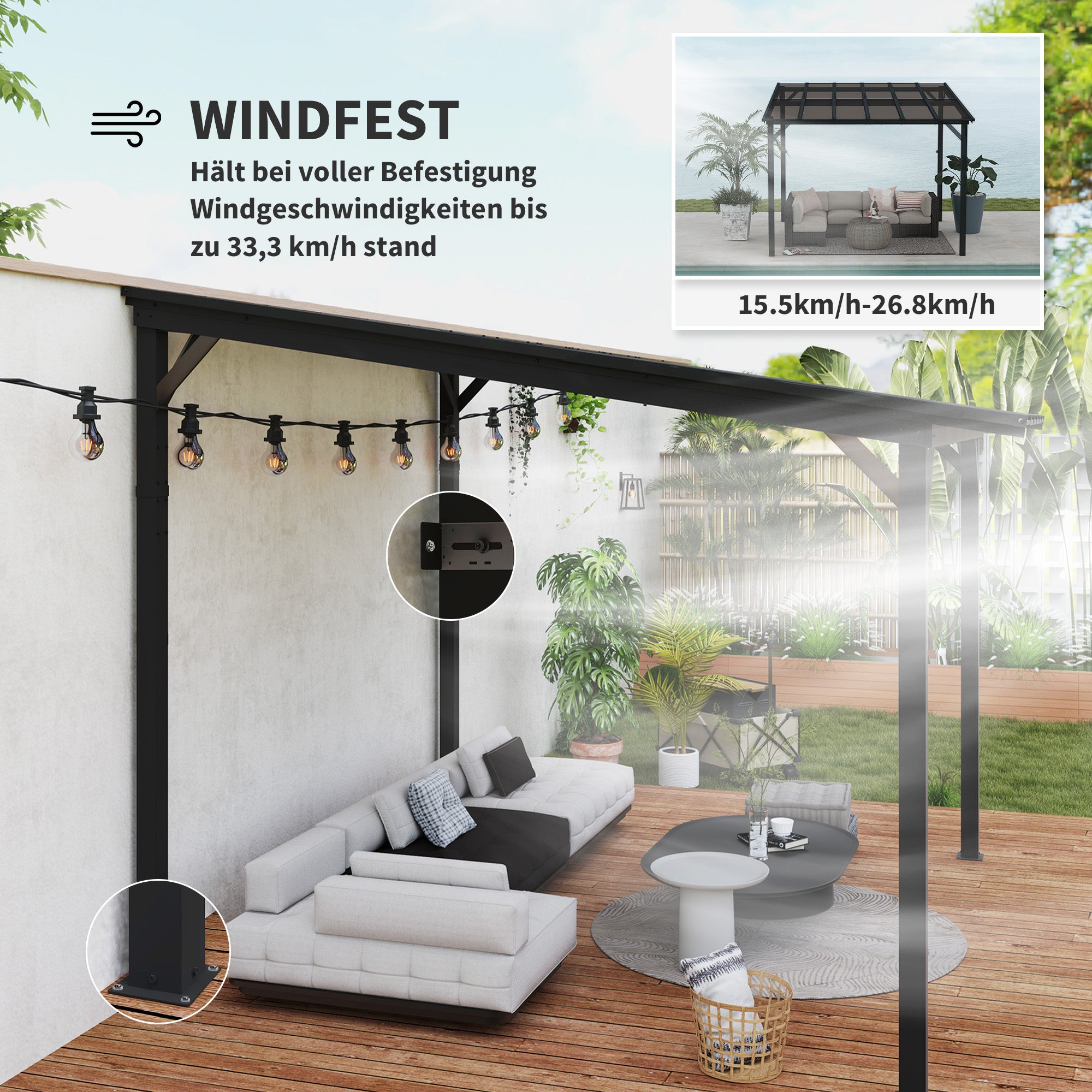 Pergola Pavilion approx. 3x3m, Waterproof, Stable, Winterproof Patio Cover with UV Protection 50+, Wall-Mounted Metal Garden Pavilion, Sunshade for Garden Terrace Balcony Dark Grey