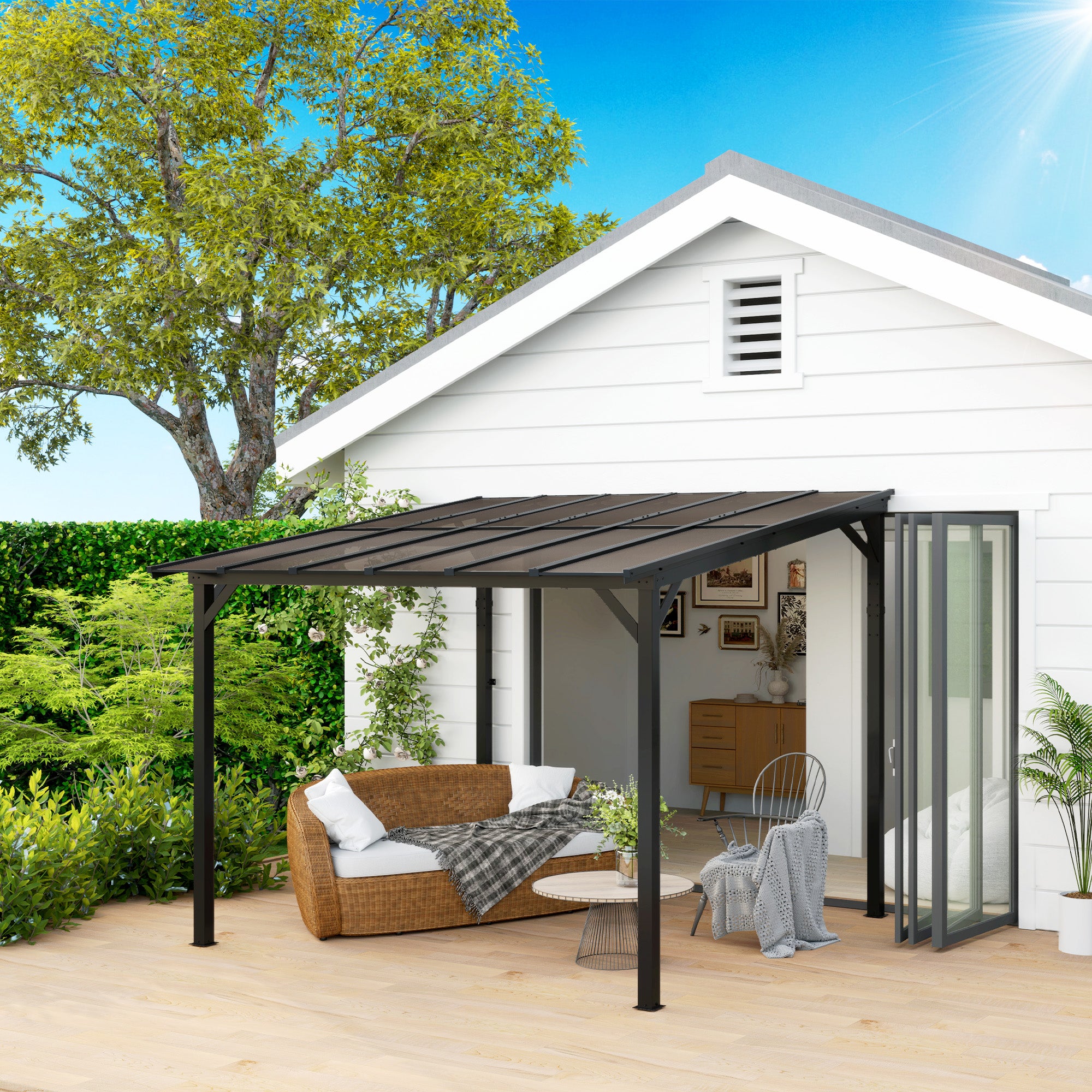 Pergola Pavilion approx. 3x3m, Waterproof, Stable, Winterproof Patio Cover with UV Protection 50+, Wall-Mounted Metal Garden Pavilion, Sunshade for Garden Terrace Balcony Dark Grey
