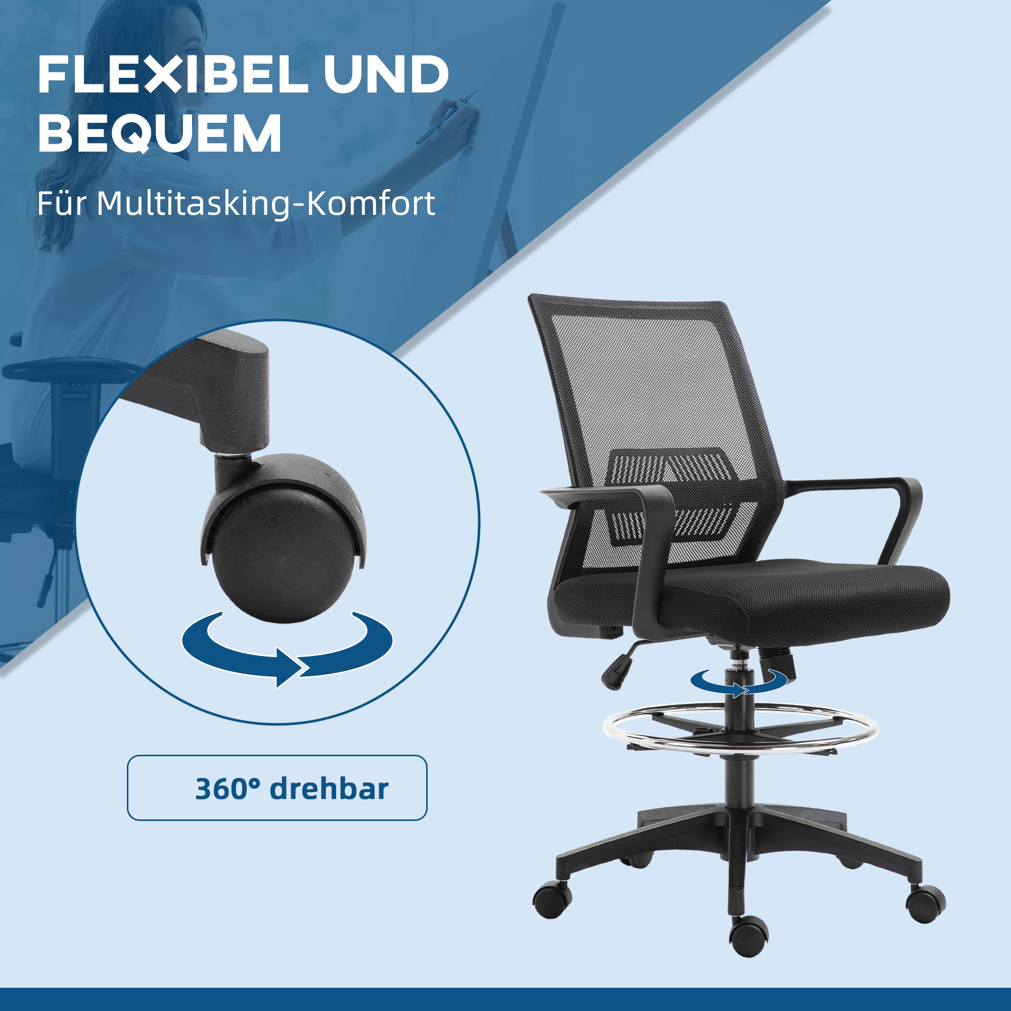 Office Chair Ergonomic Desk Chair with Adjustable Foot Ring, Lumbar Support, Height Adjustable Swivel Chair with Mesh Upholstery, Drafting Chair with Rocking Function, Office Chair Black