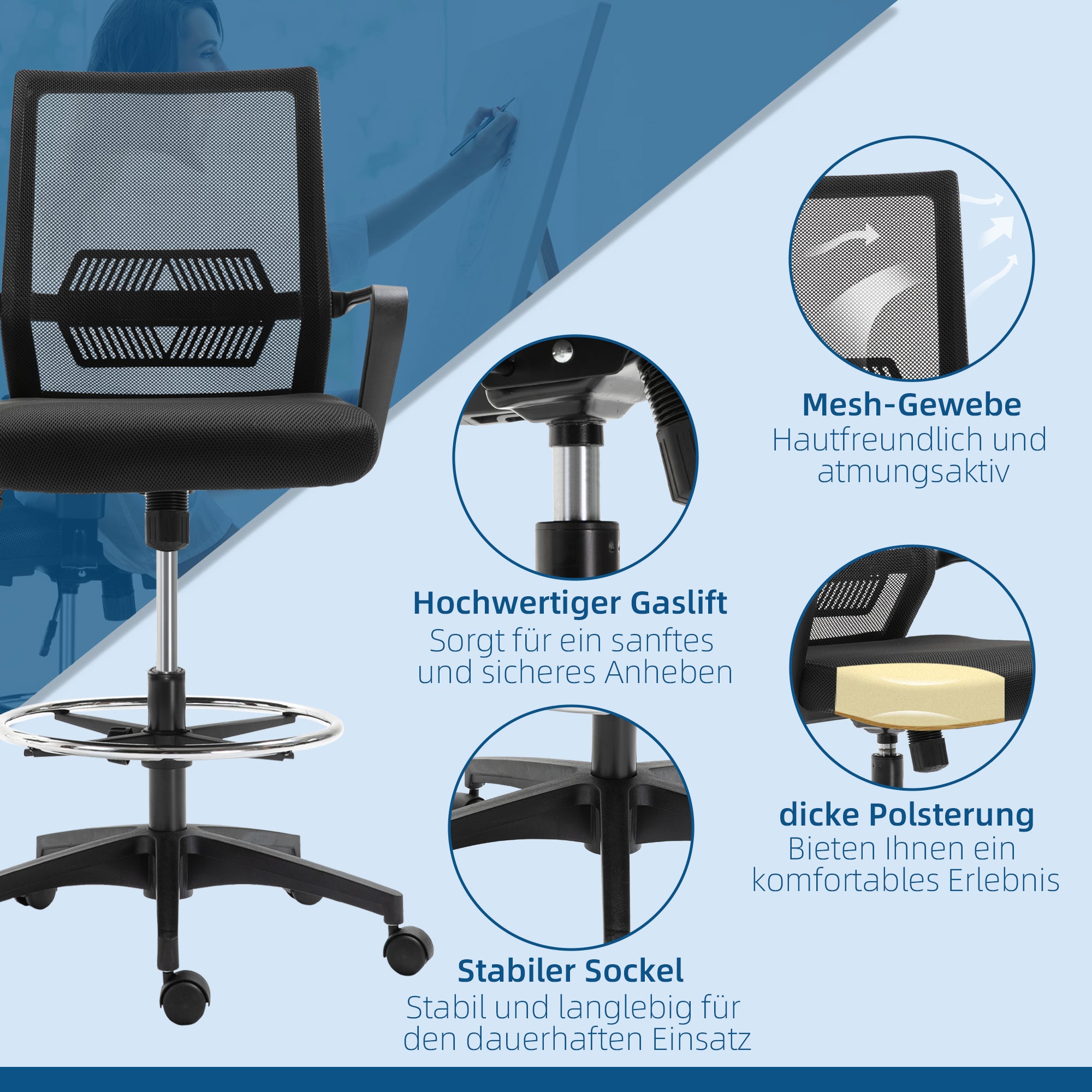 Office Chair Ergonomic Desk Chair with Adjustable Foot Ring, Lumbar Support, Height Adjustable Swivel Chair with Mesh Upholstery, Drafting Chair with Rocking Function, Office Chair Black