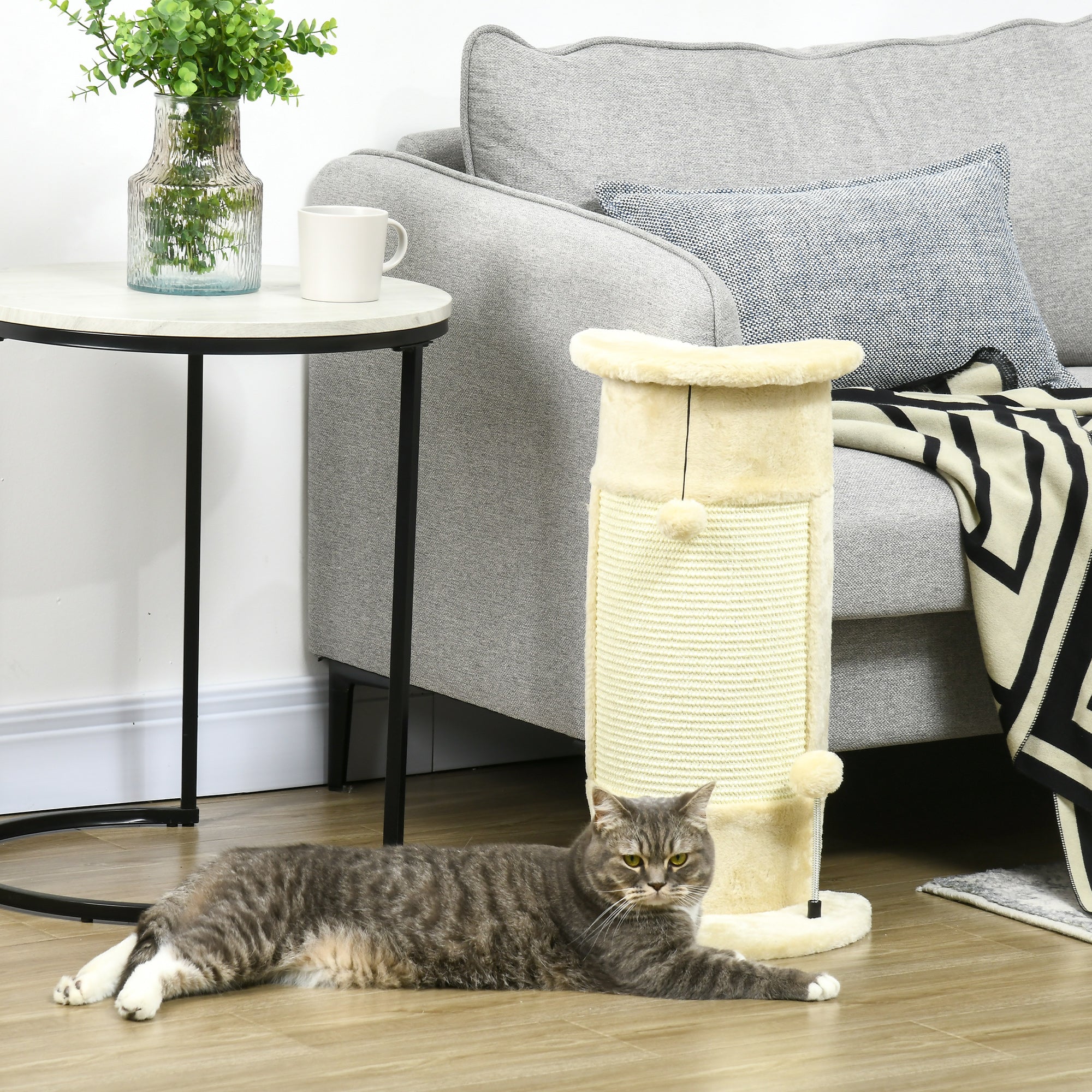 Corner Scratching Post, 58cm Sisal Scratching Pole, Cat Tree with Scratching Ball, Cat Furniture for Indoor, Cream White