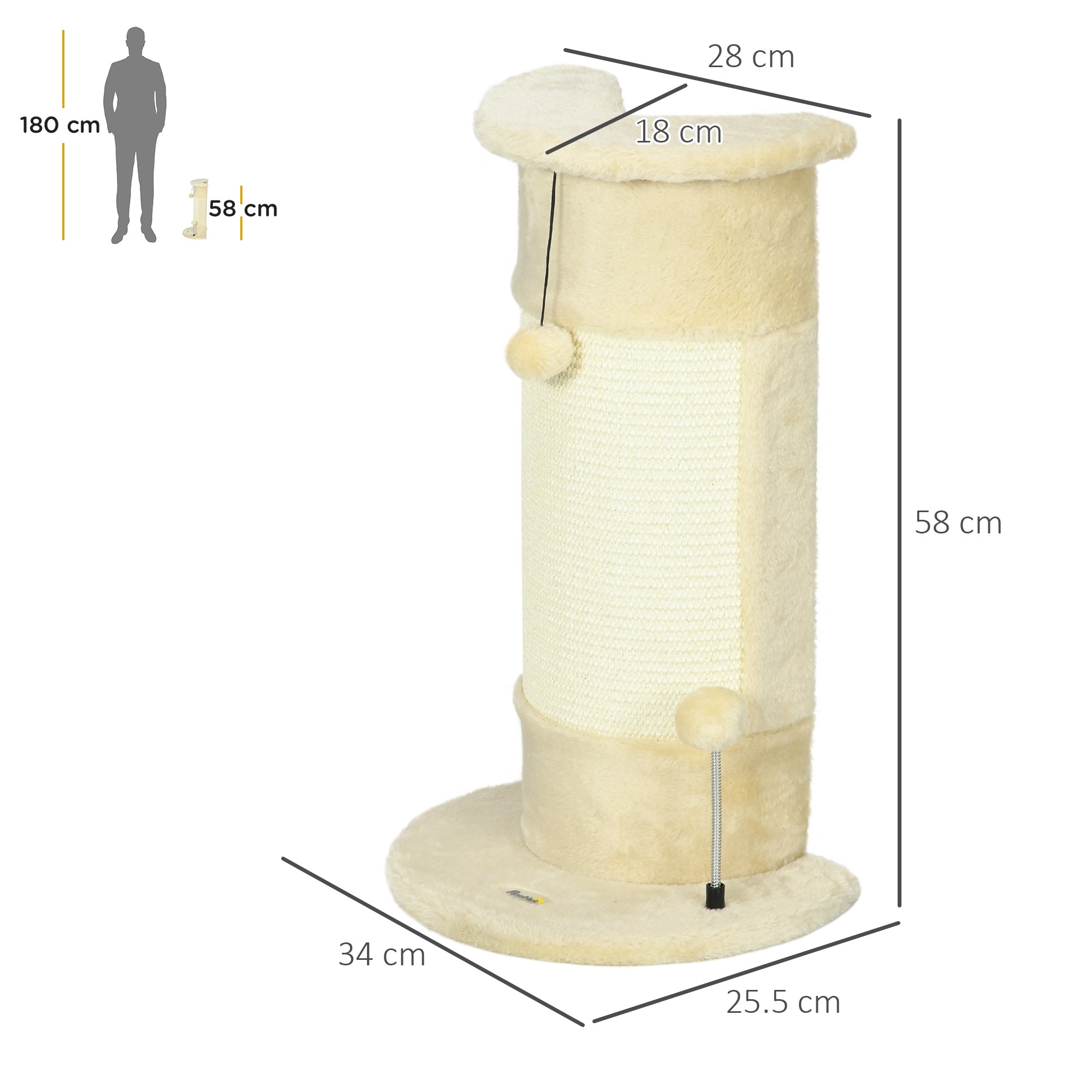 Corner Scratching Post, 58cm Sisal Scratching Pole, Cat Tree with Scratching Ball, Cat Furniture for Indoor, Cream White