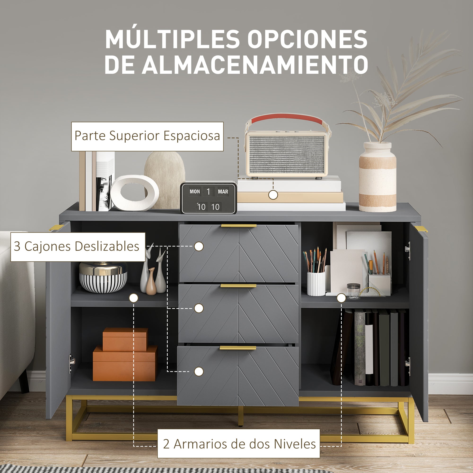 Modern Sideboard for Living Room with 3 Drawers 2 Doors and Adjustable Shelf Side Cabinet for Living Room Kitchen Anti-Tipping 120x40x76 cm Gray