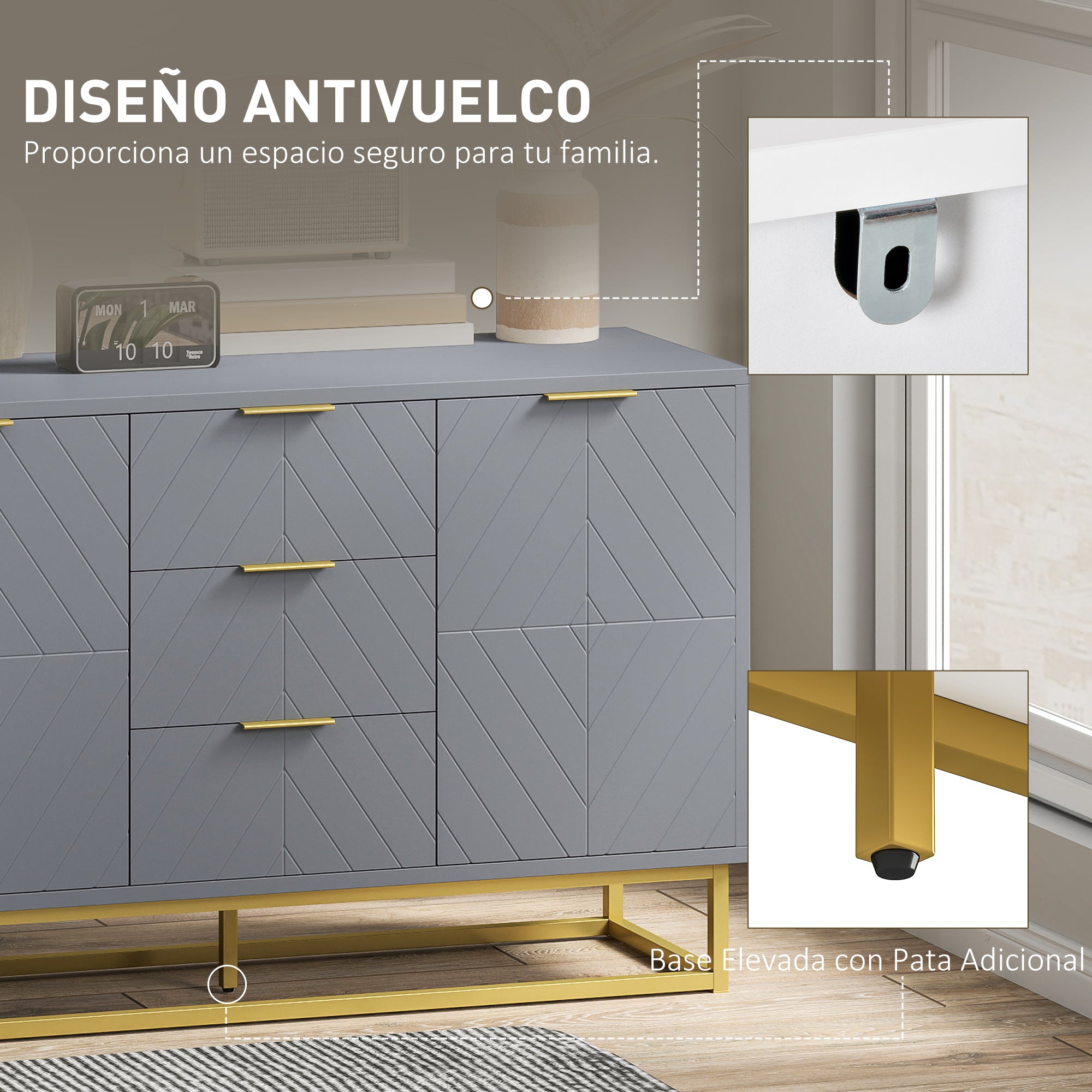 Modern Sideboard for Living Room with 3 Drawers 2 Doors and Adjustable Shelf Side Cabinet for Living Room Kitchen Anti-Tipping 120x40x76 cm Gray