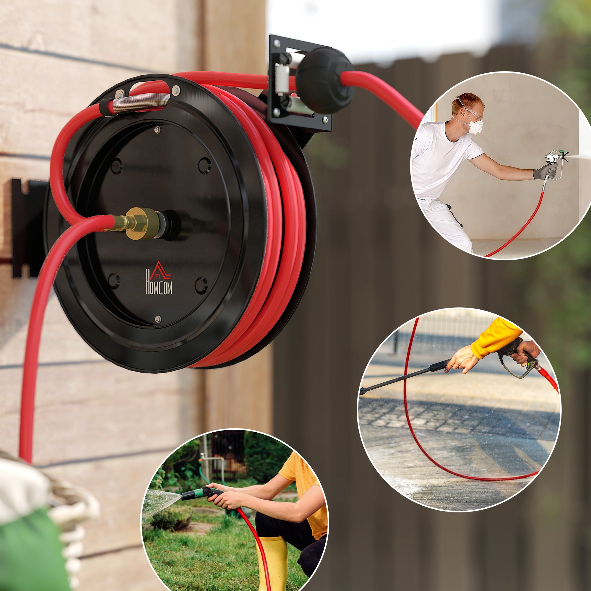 15m+1m Retractable Air Hose Reel with 1/4" Fitting, 9.5 x 15.8 mm, Max 20 bar, Hose Brake, Wall Mount