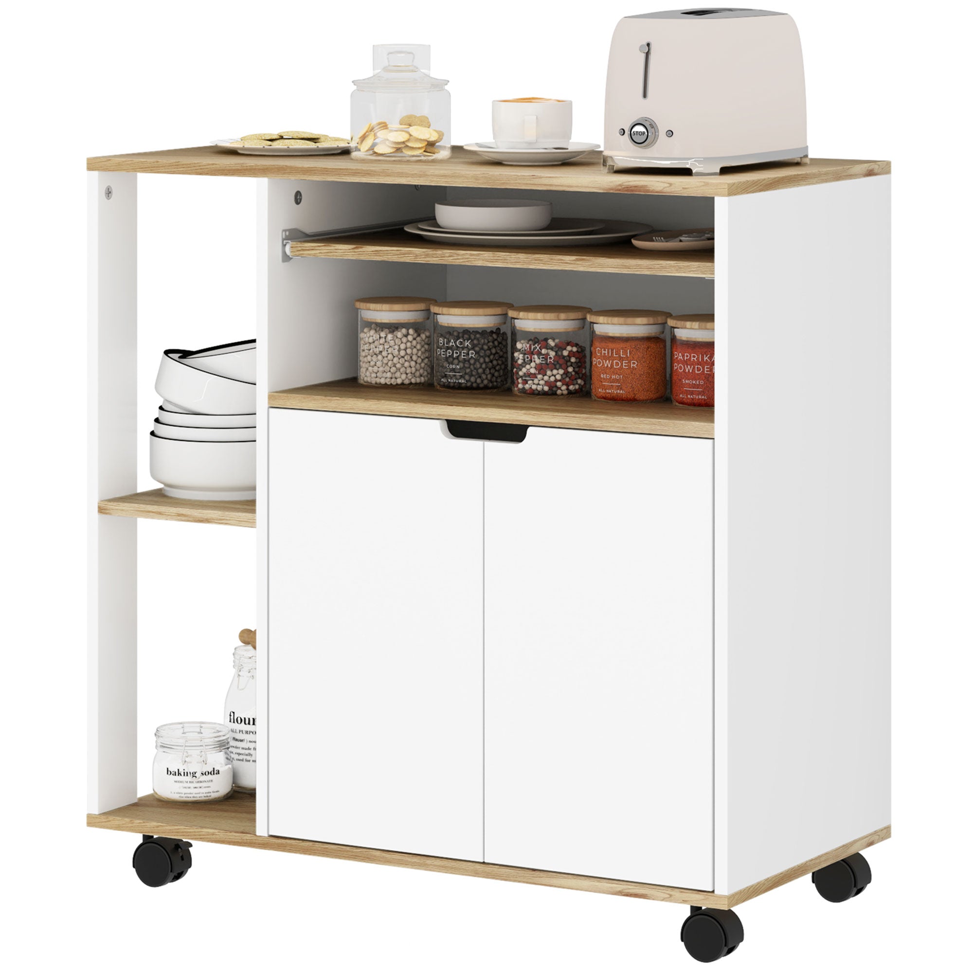 Kitchen Cart Serving Trolley with Cabinet, Sliding and Adjustable Shelves, Kitchen Rack with Worktop, Wheels for Dining Room, 80 x 40 x 82 cm, White