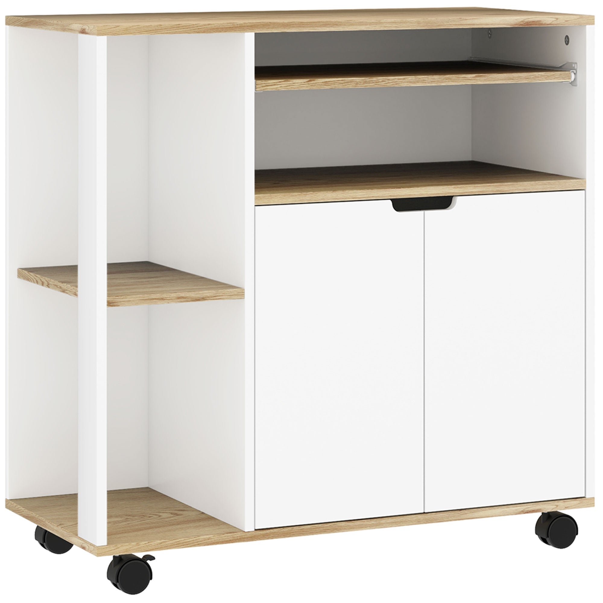 Kitchen Cart Serving Trolley with Cabinet, Sliding and Adjustable Shelves, Kitchen Rack with Worktop, Wheels for Dining Room, 80 x 40 x 82 cm, White