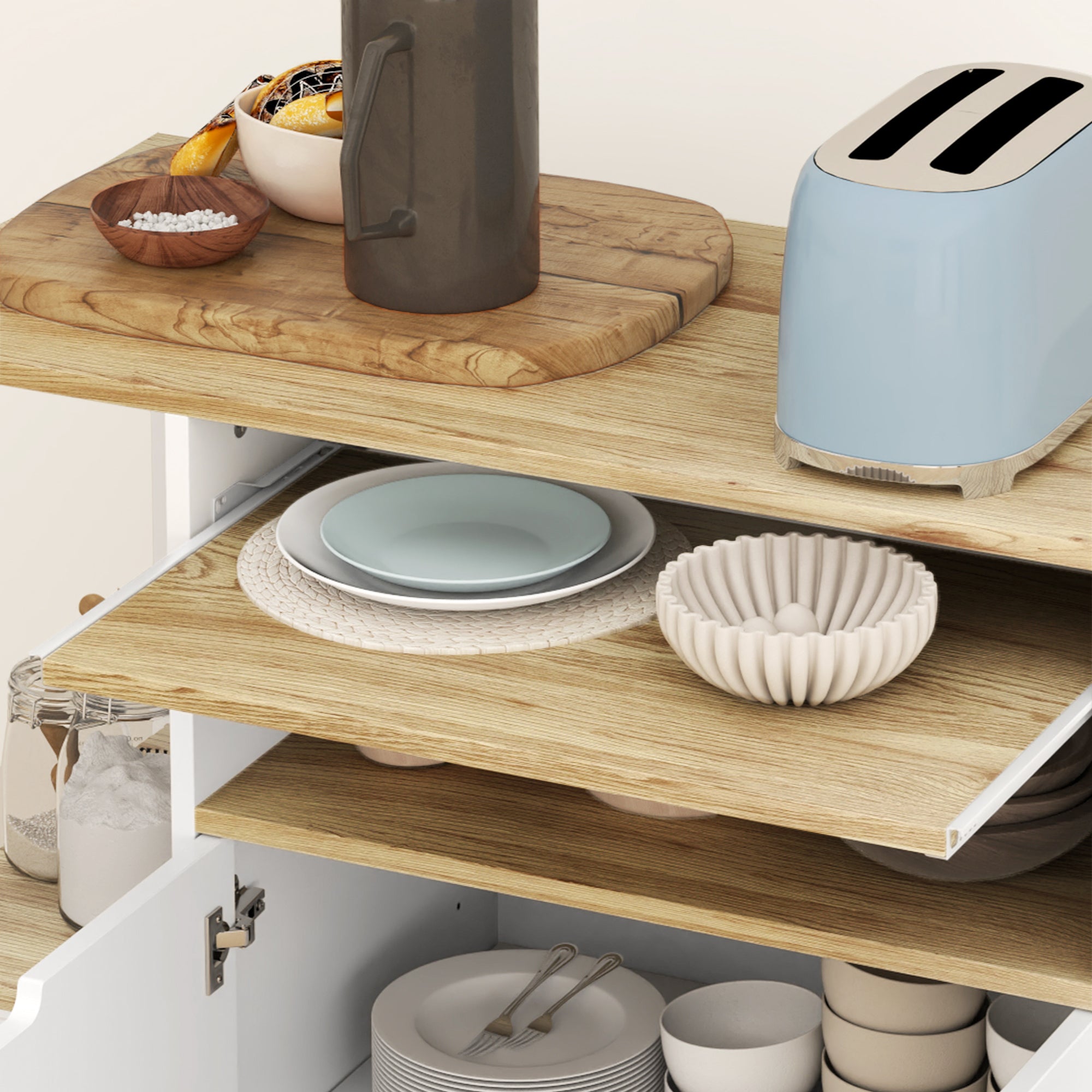 Kitchen Cart Serving Trolley with Cabinet, Sliding and Adjustable Shelves, Kitchen Rack with Worktop, Wheels for Dining Room, 80 x 40 x 82 cm, White