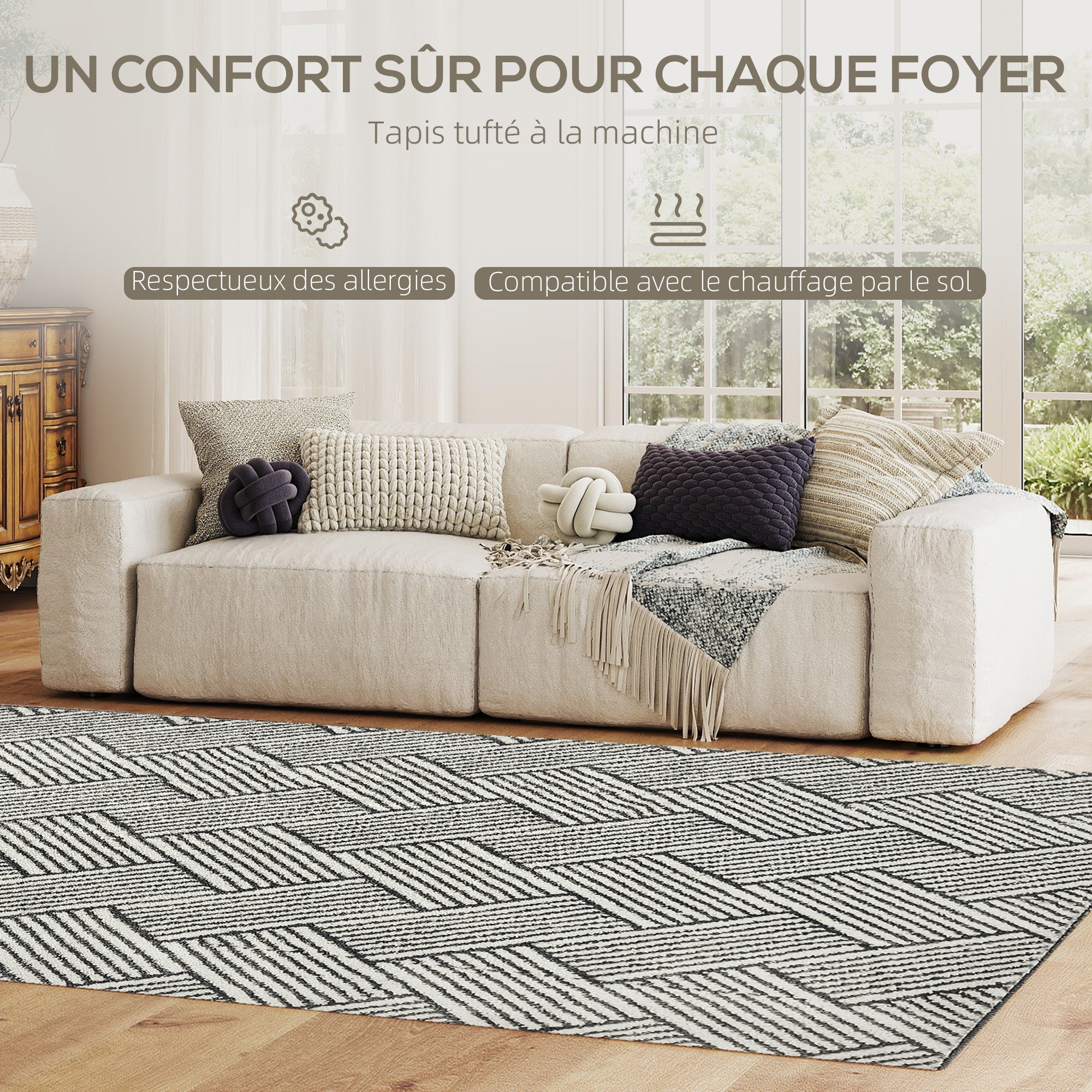 Living Room Rug 200 x 140 cm Short Pile Rug, Machine Washable, Hypoallergenic, for Living Room, Bedroom, Office, Light Gray