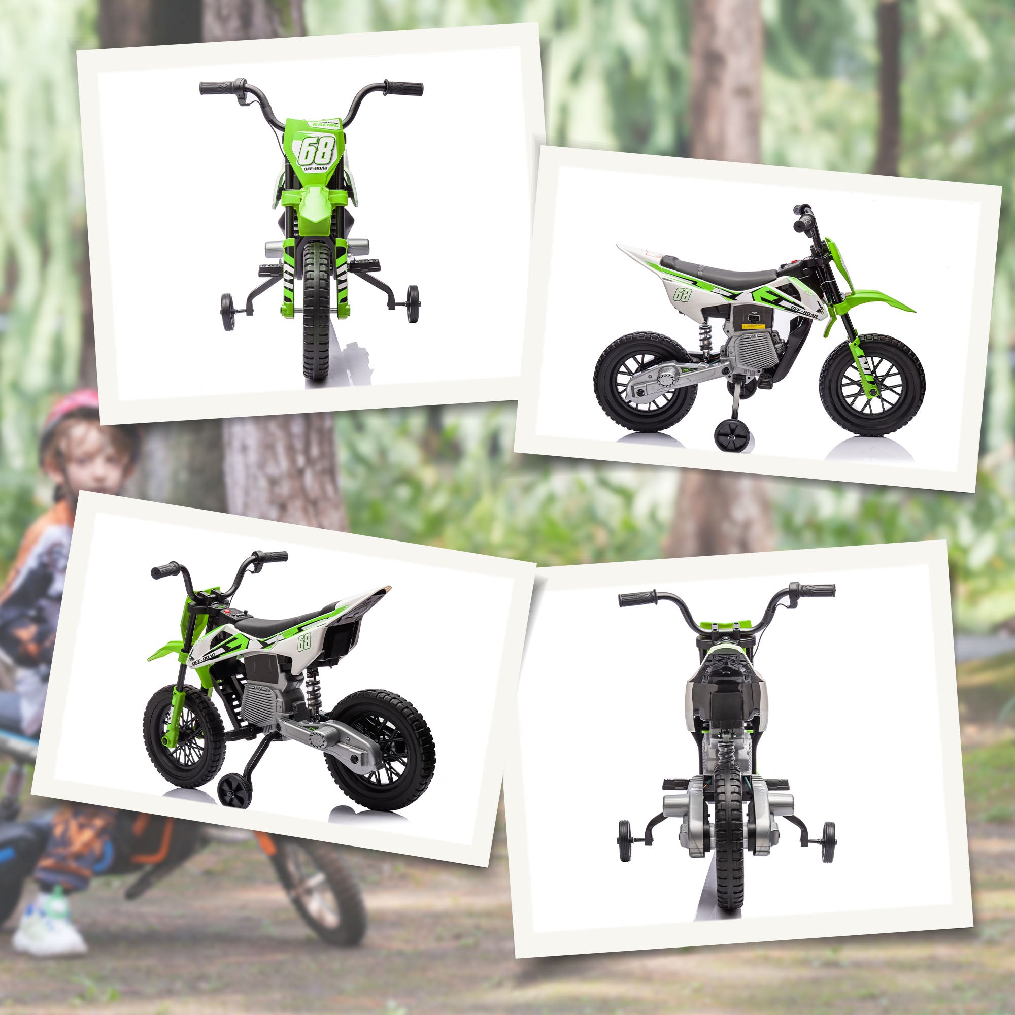 Kids Electric Motorcycle, 12V Children's Bike with Music, Children's Vehicle with Removable Training Wheels, 2.4-5 km/h, for 3-6 years old kids, max. 30 kg, Green