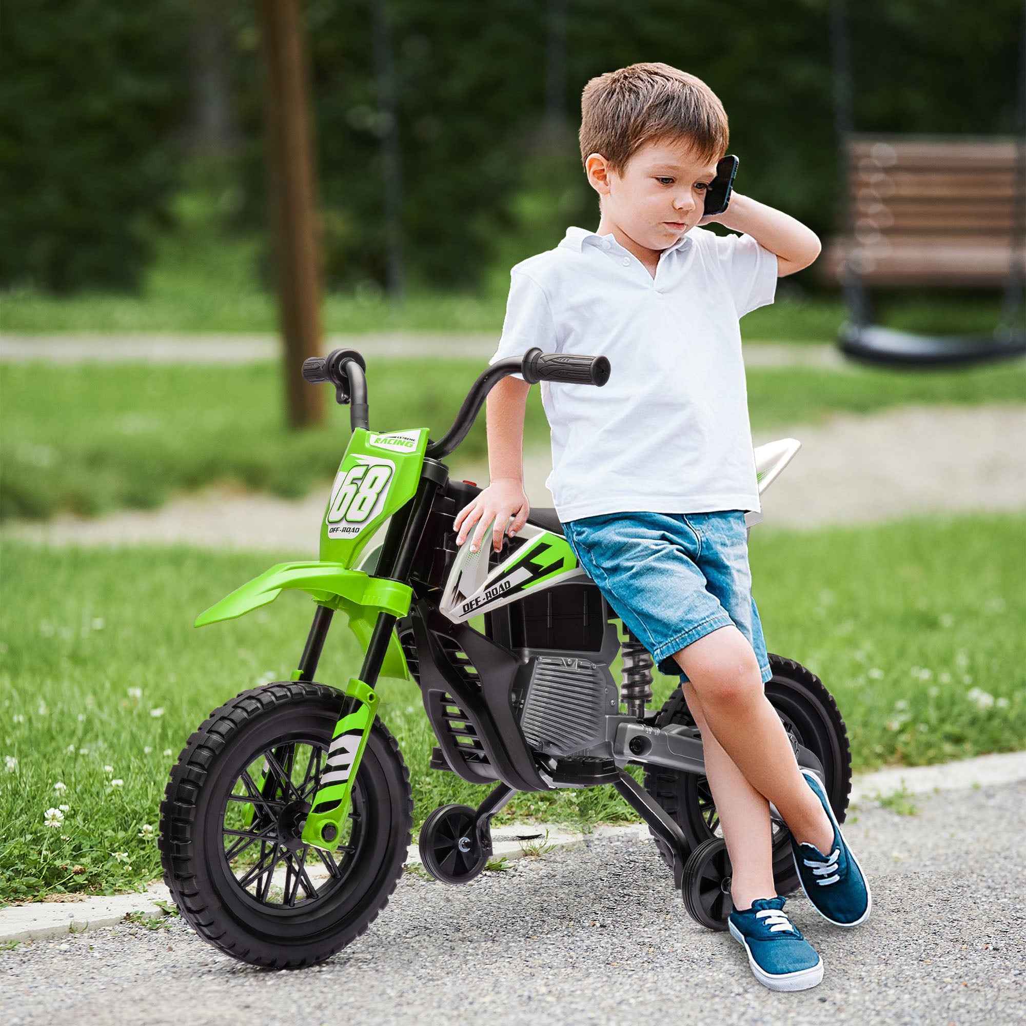Kids Electric Motorcycle, 12V Children's Bike with Music, Children's Vehicle with Removable Training Wheels, 2.4-5 km/h, for 3-6 years old kids, max. 30 kg, Green