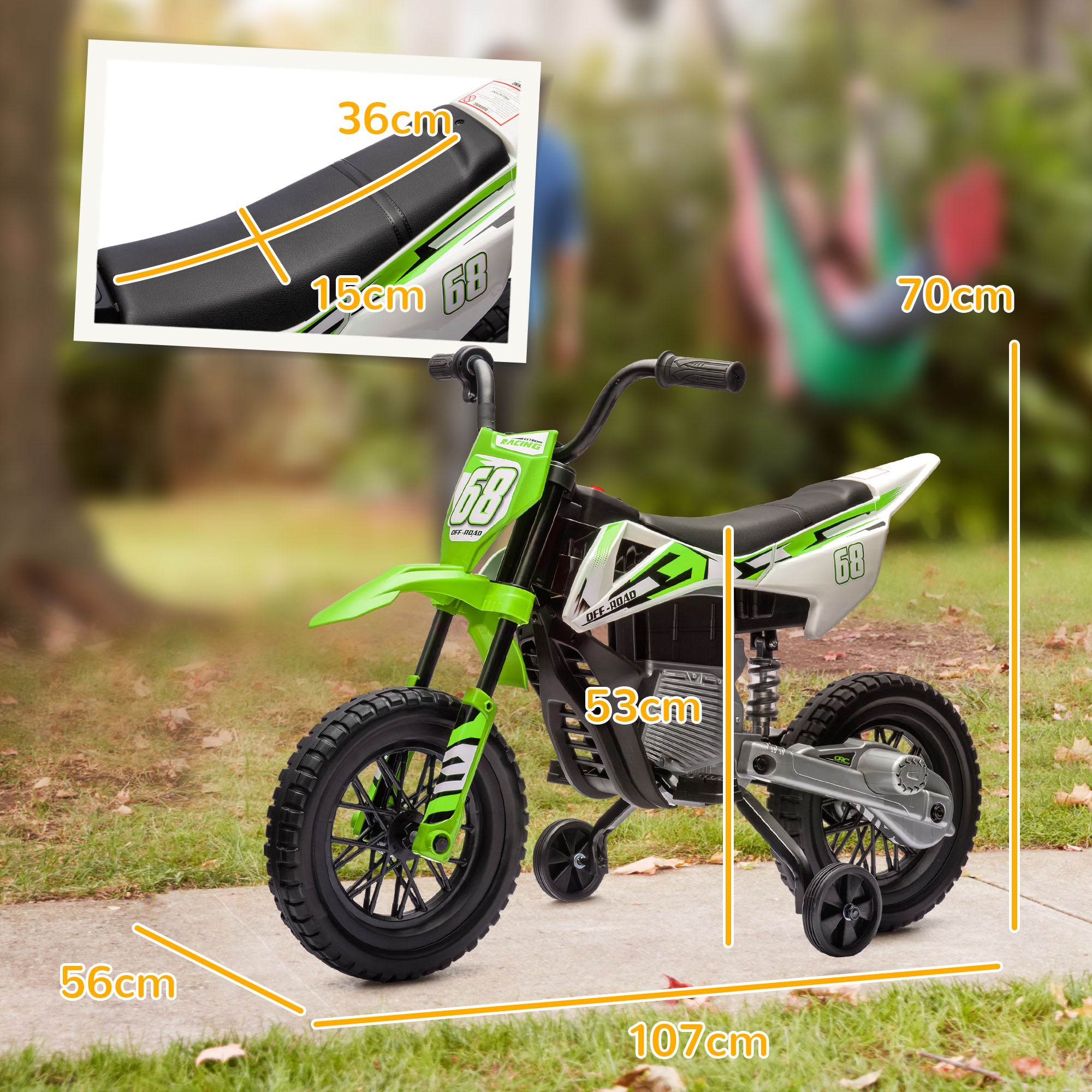 Kids Electric Motorcycle, 12V Children's Bike with Music, Children's Vehicle with Removable Training Wheels, 2.4-5 km/h, for 3-6 years old kids, max. 30 kg, Green