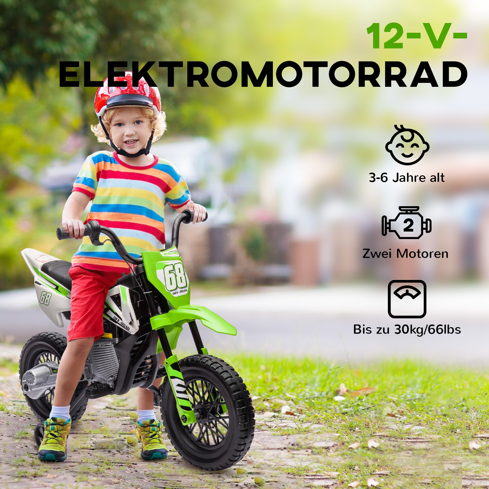 Kids Electric Motorcycle, 12V Children's Bike with Music, Children's Vehicle with Removable Training Wheels, 2.4-5 km/h, for 3-6 years old kids, max. 30 kg, Green