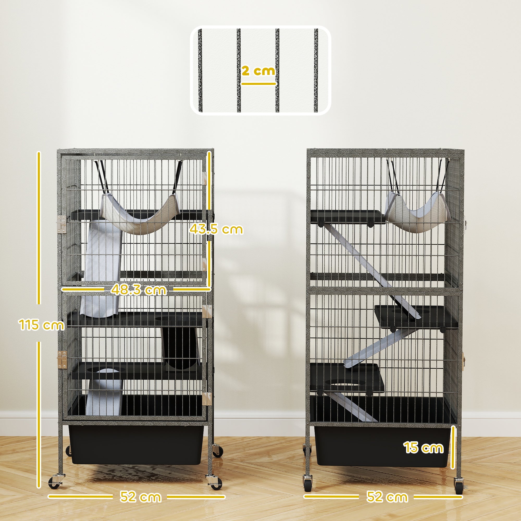Small Animal Cage 4 Levels, Rabbit and Ferret Hutch with Ramps, Platforms and Hammock, Wheels with Brake, 52x52x115 cm, Gray