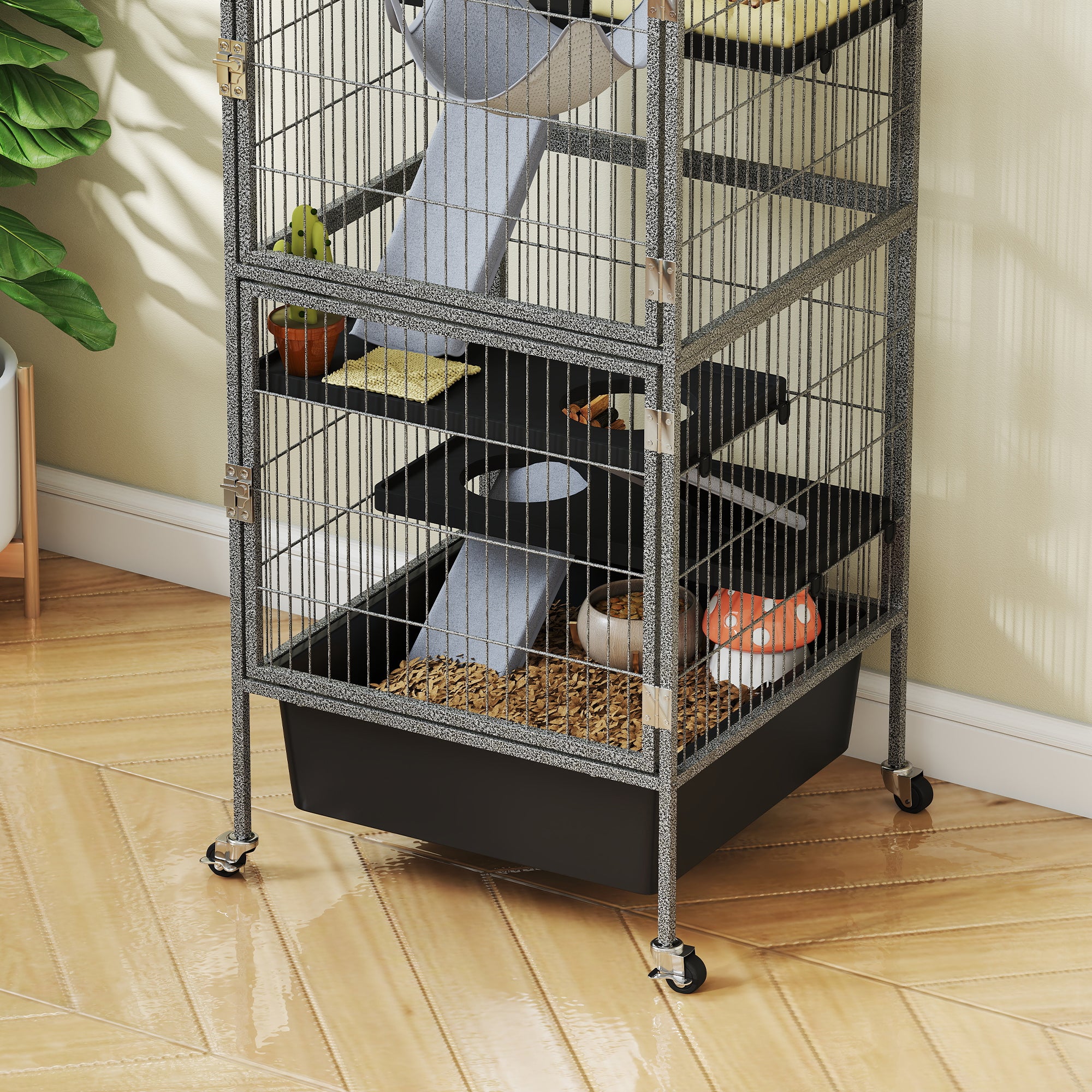 Small Animal Cage 4 Levels, Rabbit and Ferret Hutch with Ramps, Platforms and Hammock, Wheels with Brake, 52x52x115 cm, Gray