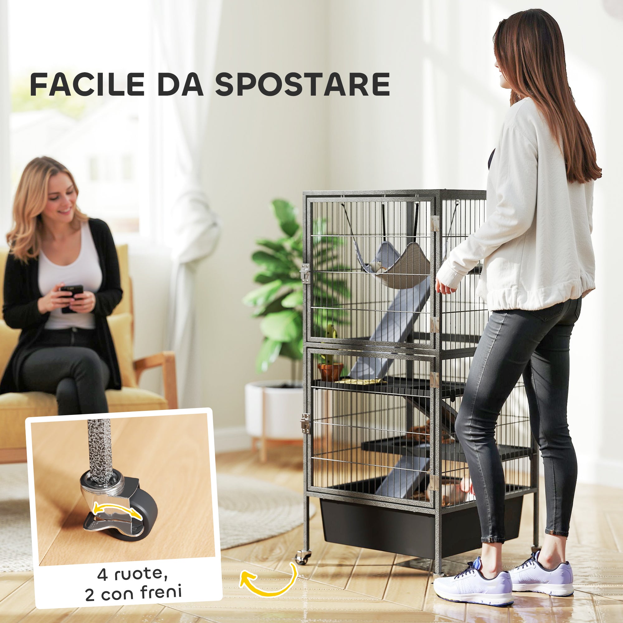 Small Animal Cage 4 Levels, Rabbit and Ferret Hutch with Ramps, Platforms and Hammock, Wheels with Brake, 52x52x115 cm, Gray