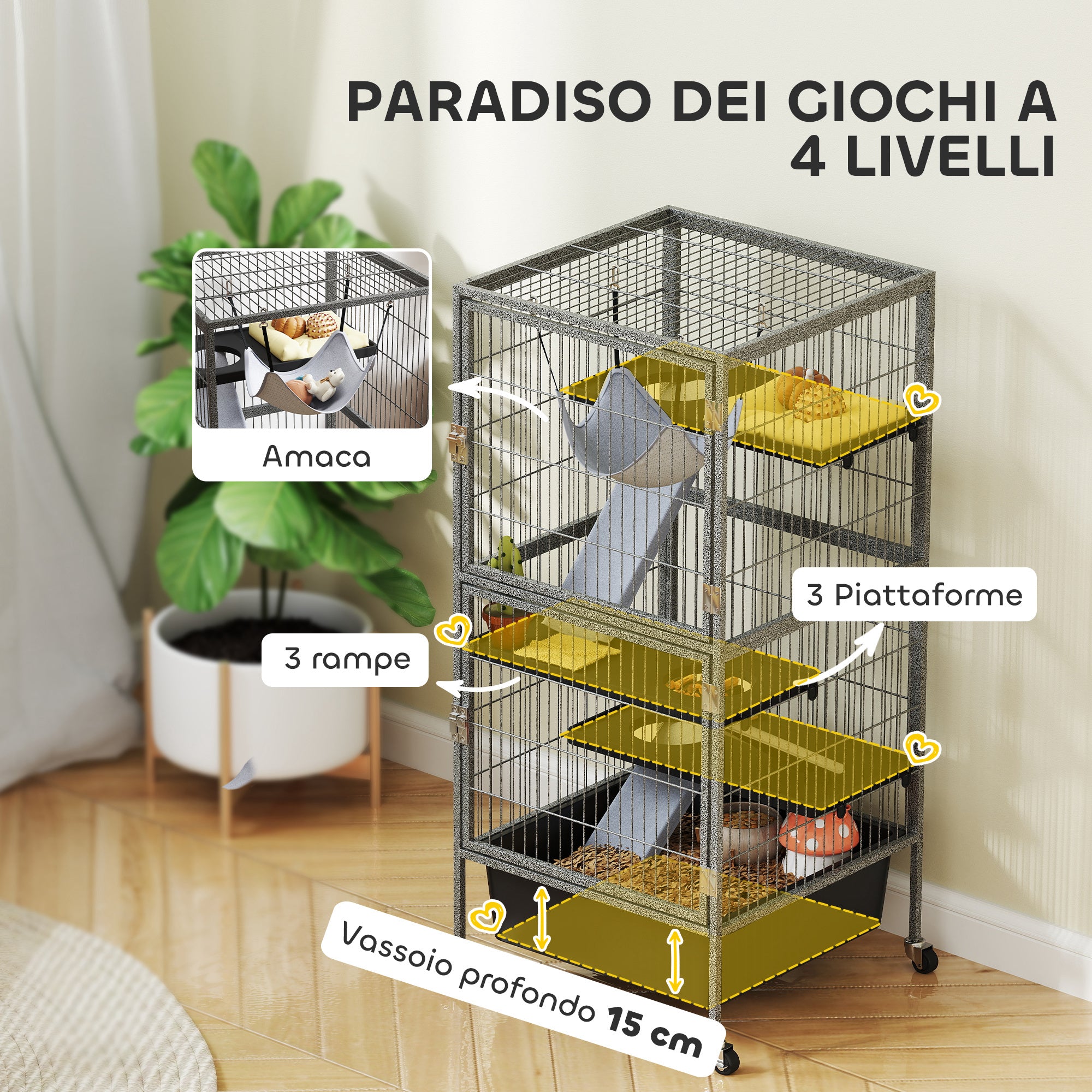 Small Animal Cage 4 Levels, Rabbit and Ferret Hutch with Ramps, Platforms and Hammock, Wheels with Brake, 52x52x115 cm, Gray