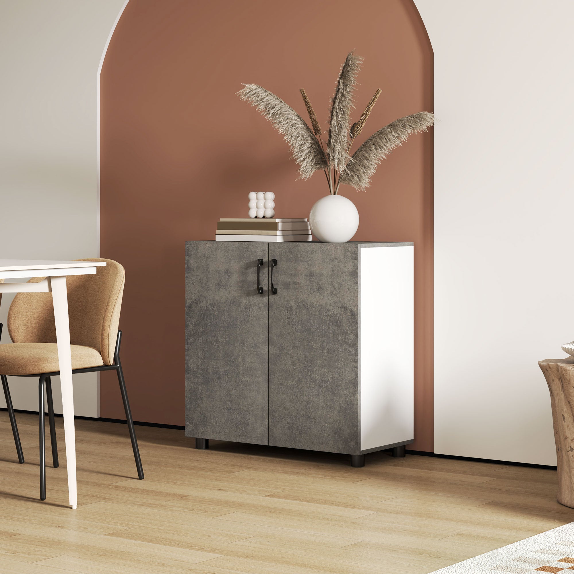 2-Door Soft-Close Sideboard Buffet Table with Shelf for Kitchen Bedroom Entryway 80x37x80 cm Gray Cement and High Gloss White