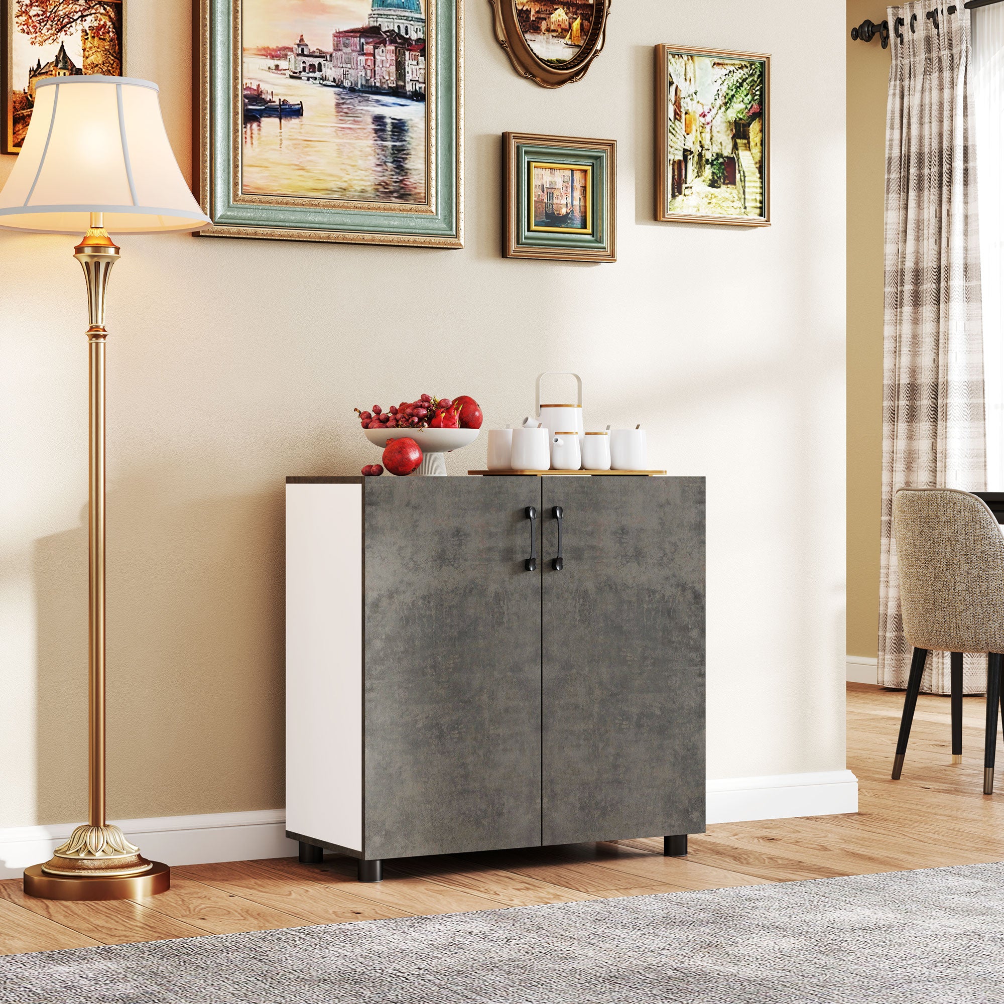 2-Door Soft-Close Sideboard Buffet Table with Shelf for Kitchen Bedroom Entryway 80x37x80 cm Gray Cement and High Gloss White