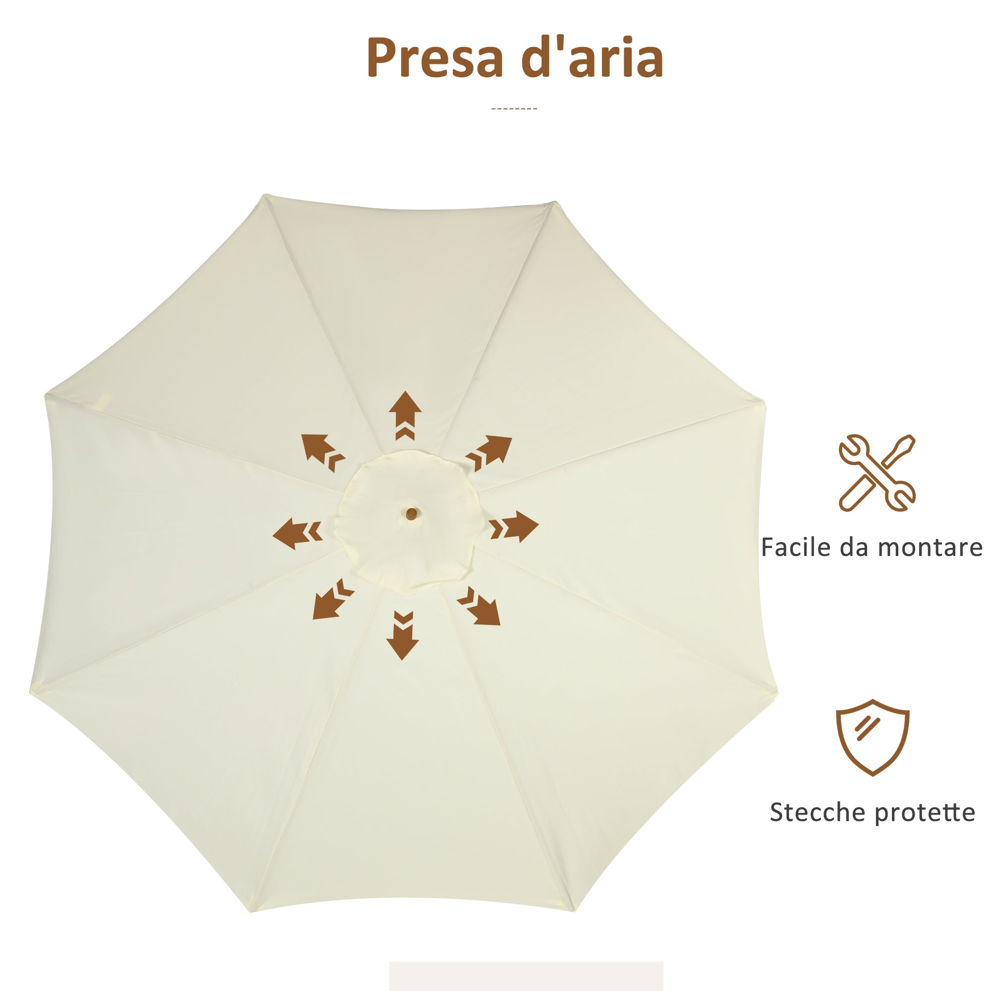 Garden Umbrella Ø3.25m with Ropes, Adjustable Opening and Air Vents, Outdoor Umbrella with 8 Wooden Ribs, Bamboo and 180g/㎡ Polyester, for Yard, Terrace and Balcony, Beige