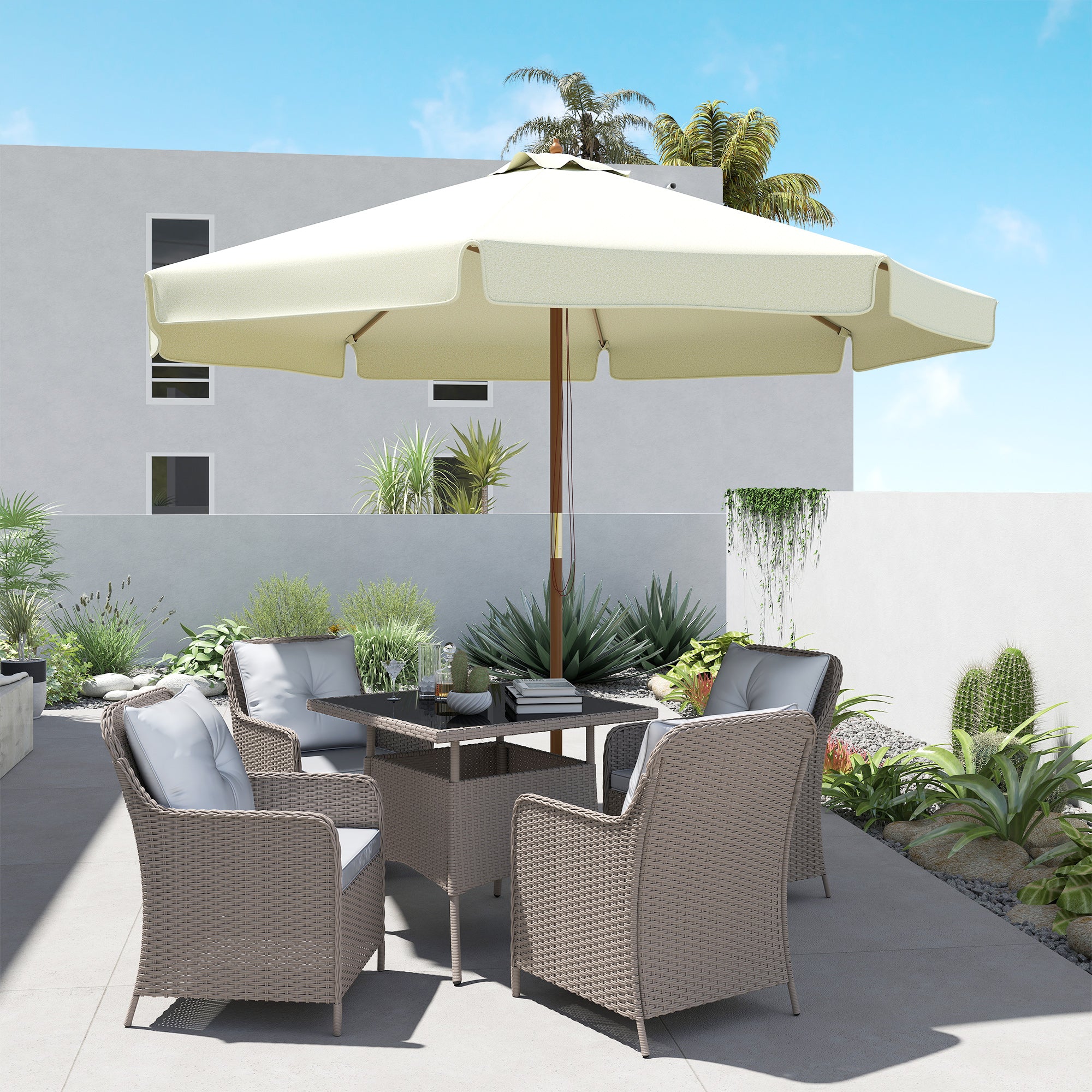 Garden Umbrella Ø3.25m with Ropes, Adjustable Opening and Air Vents, Outdoor Umbrella with 8 Wooden Ribs, Bamboo and 180g/㎡ Polyester, for Yard, Terrace and Balcony, Beige