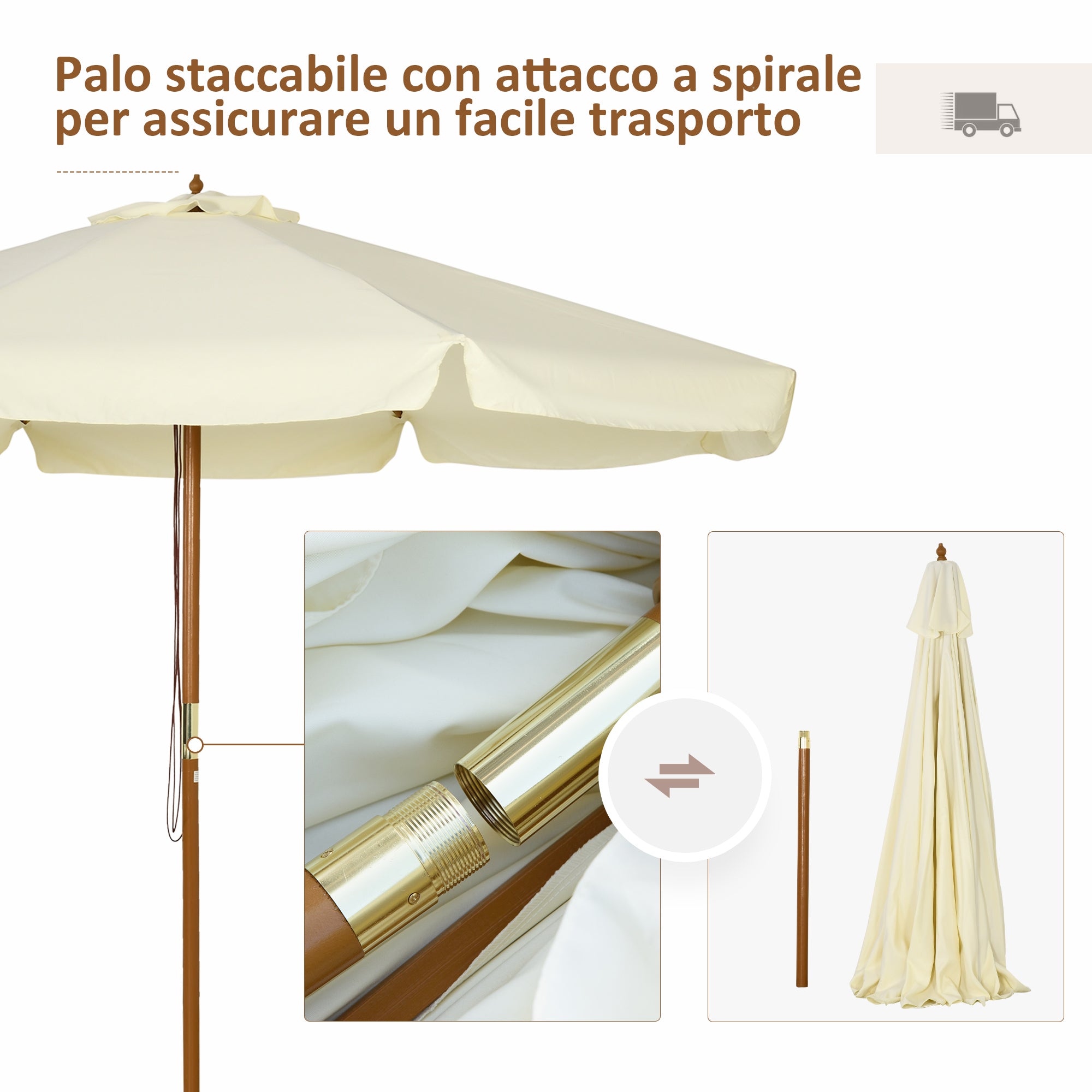 Garden Umbrella Ø3.25m with Ropes, Adjustable Opening and Air Vents, Outdoor Umbrella with 8 Wooden Ribs, Bamboo and 180g/㎡ Polyester, for Yard, Terrace and Balcony, Beige