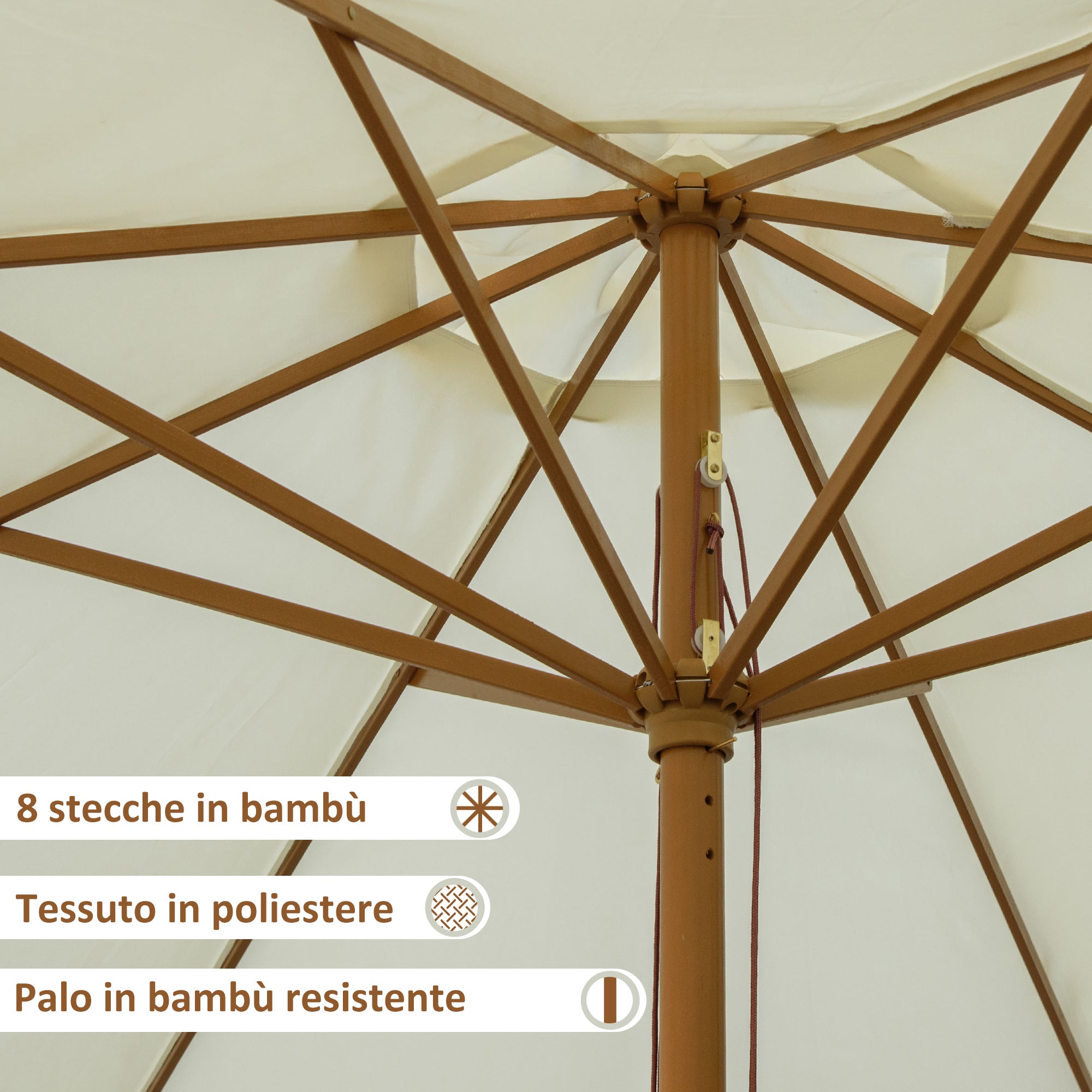 Garden Umbrella Ø3.25m with Ropes, Adjustable Opening and Air Vents, Outdoor Umbrella with 8 Wooden Ribs, Bamboo and 180g/㎡ Polyester, for Yard, Terrace and Balcony, Beige