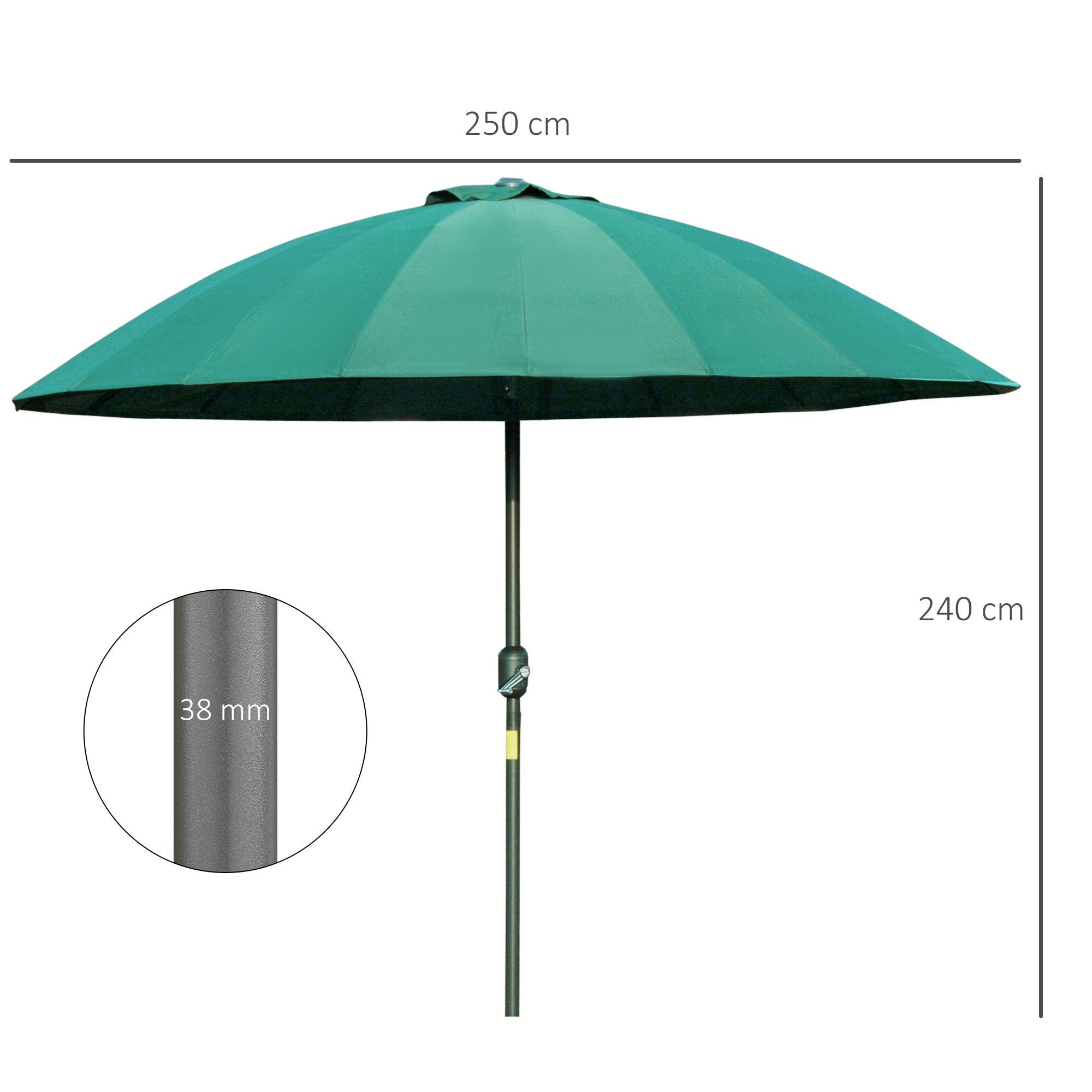 Terrace Umbrella Ø250 cm Garden Umbrella with Adjustable Angle 18 Ribs and Crank Waterproof Parasol for Patio Terrace Green