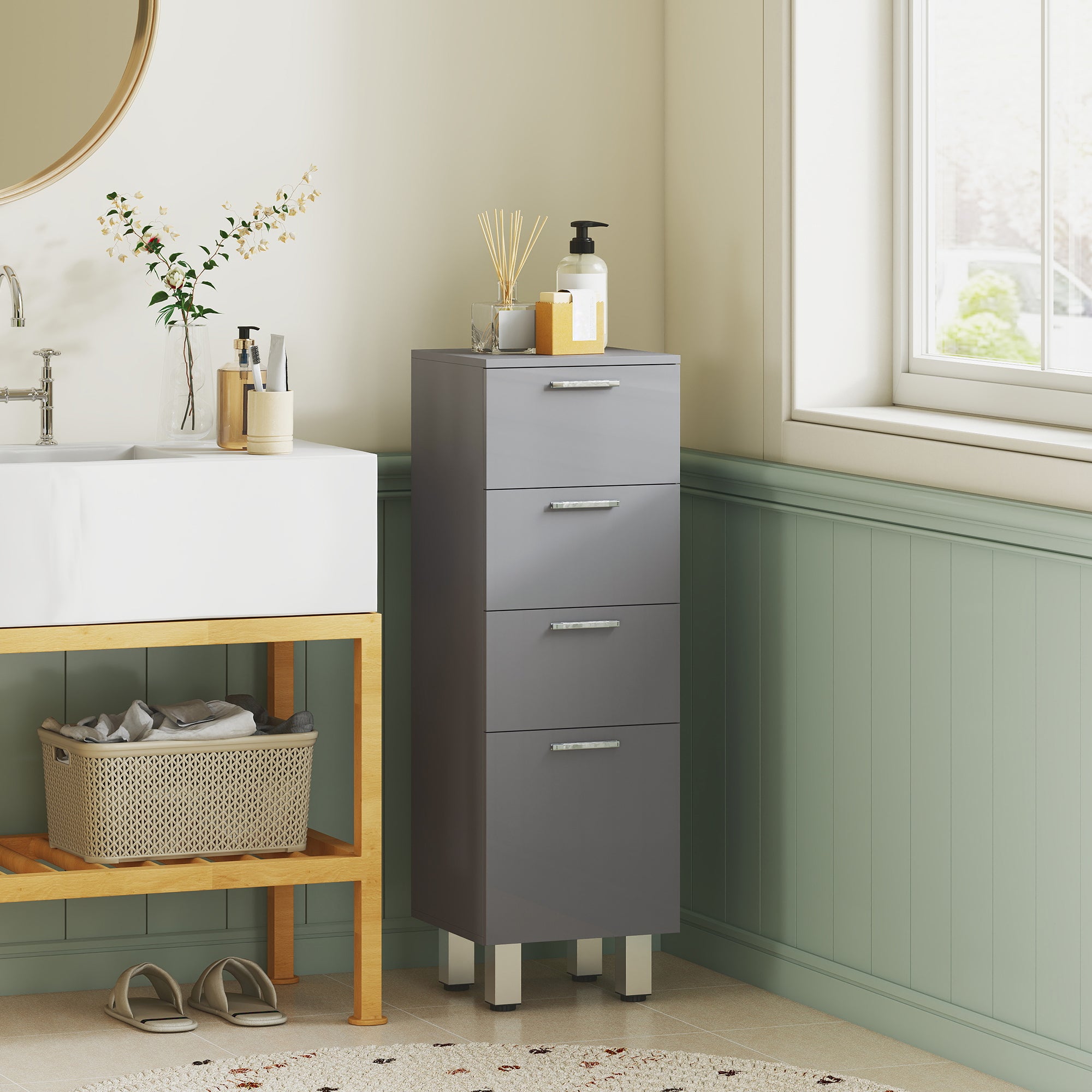 Narrow Bathroom Cabinet with 3 Drawers — Adjustable Shelf, Slim Toilet & Bathroom Storage for Small Spaces, 30 x 30 x 93 cm (11.8 x 11.8 x 36.6 in), Gray
