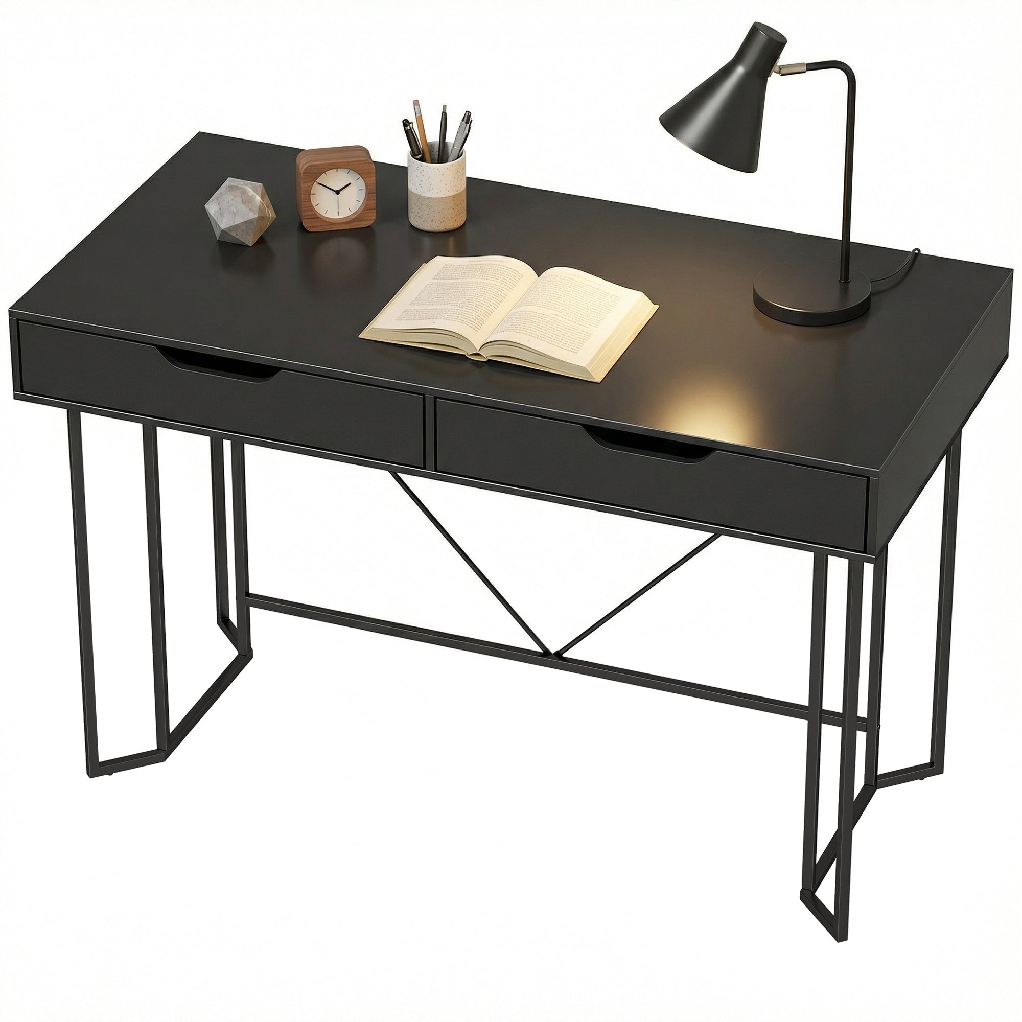 Computer Desk with 2 Drawers, Modern Design Metal Frame for Home Office & Bedroom — 47.2 x 23.6 x 30.3 in, Black