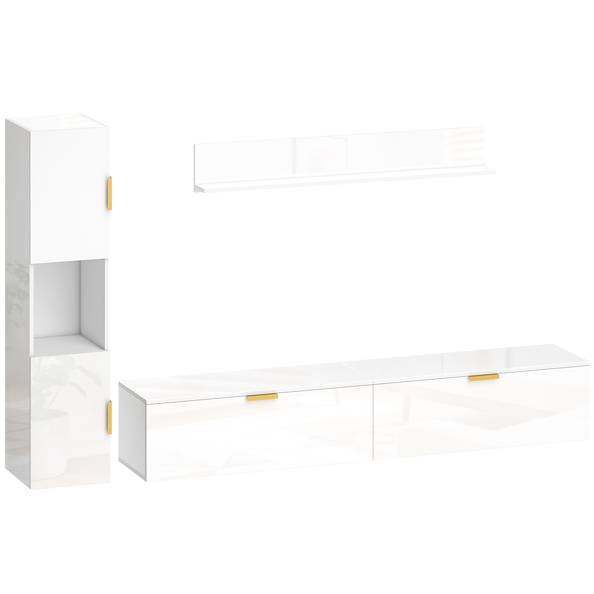 3-Piece Floating TV Wall Unit with Shelf & Storage Cabinet — Fits TVs up to 55 in, High-Gloss White